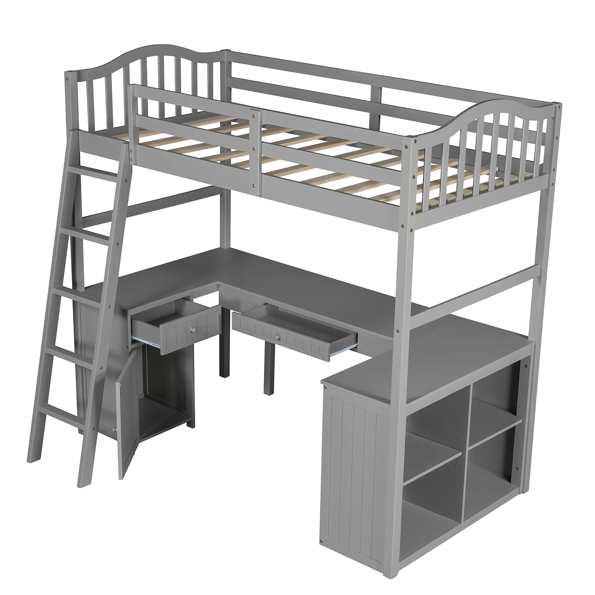 Twin Loft Bed with Desk & Storage - Wooden Bunk Bed with Cabinet, Shelves & Drawers for Kids, Teens & Adults - Easy Assembly (Gray) | Perfect for Small Spaces, Dorm Rooms & Home Offices
