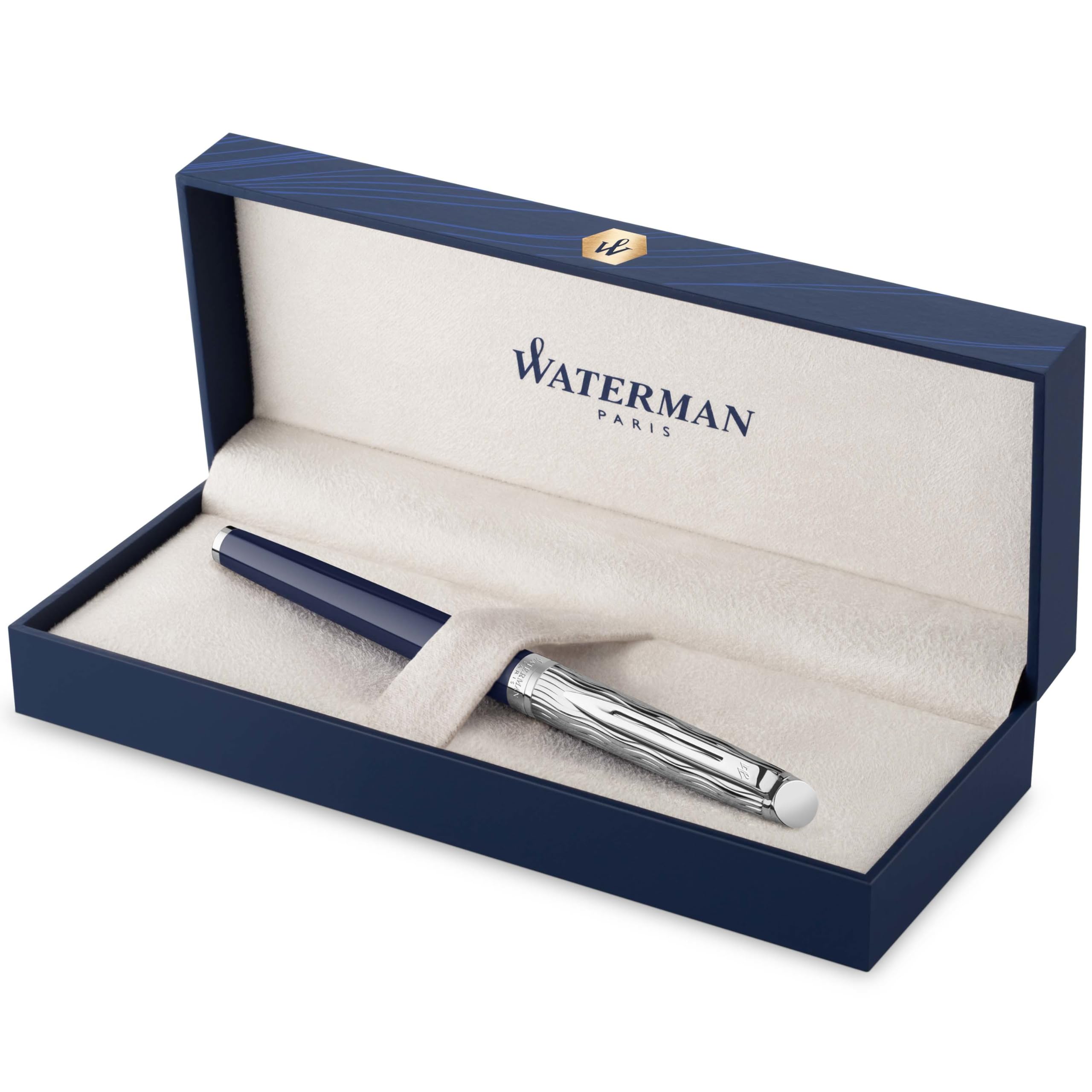 Waterman Hémisphère Rollerball Pen - Premium Metal Blue Lacquer Fountain Pen with Chiselled Cap & Black Ink Refill (Gift Box Included) - Perfect for Business Gifts, Office Use & Luxury Writing