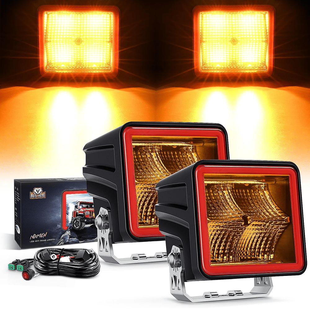 3 Inch 20W 1240LM Amber DRL Flood Cube LED Pods (Pair) with 16AWG DT Wire - Perfect for Off-Road Trucks, ATVs, UTVs & Marine Lighting Applications