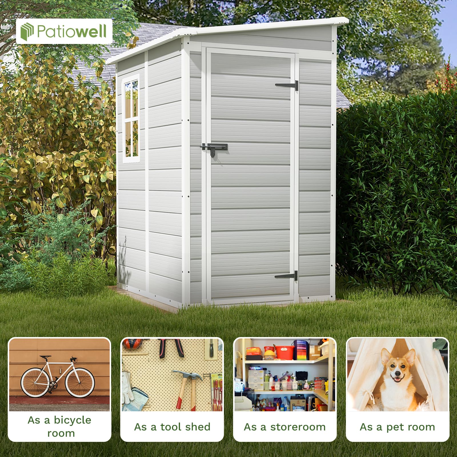 Patiowell 5x4 FT Outdoor Storage Shed - Durable Resin Garden Shed with Lockable Door, Floor & Window - Perfect for Patio Furniture, Garden Tools & Bicycle Storage (White & Grey) | Ideal for Backyard, Garage & Home Organization