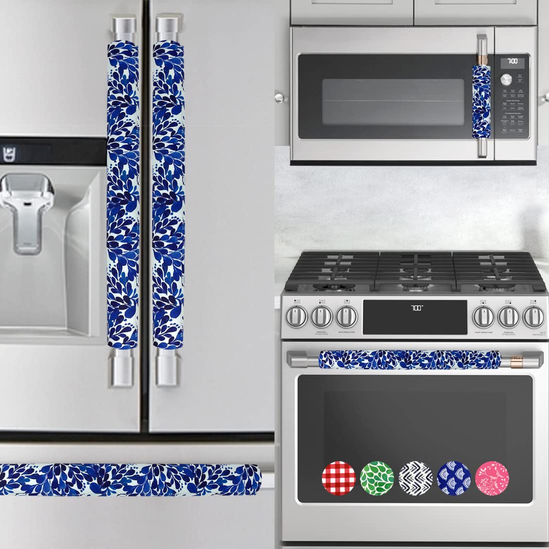 Rio Salto 5-Piece Refrigerator Door Handle Covers Set - Stylish Kitchen Appliance Protectors for Fridge, Stove, Oven, Dishwasher & Microwave - Non-Slip Grip & Decorative Blue Garden Design - Perfect for Home Kitchen Organization & Safety