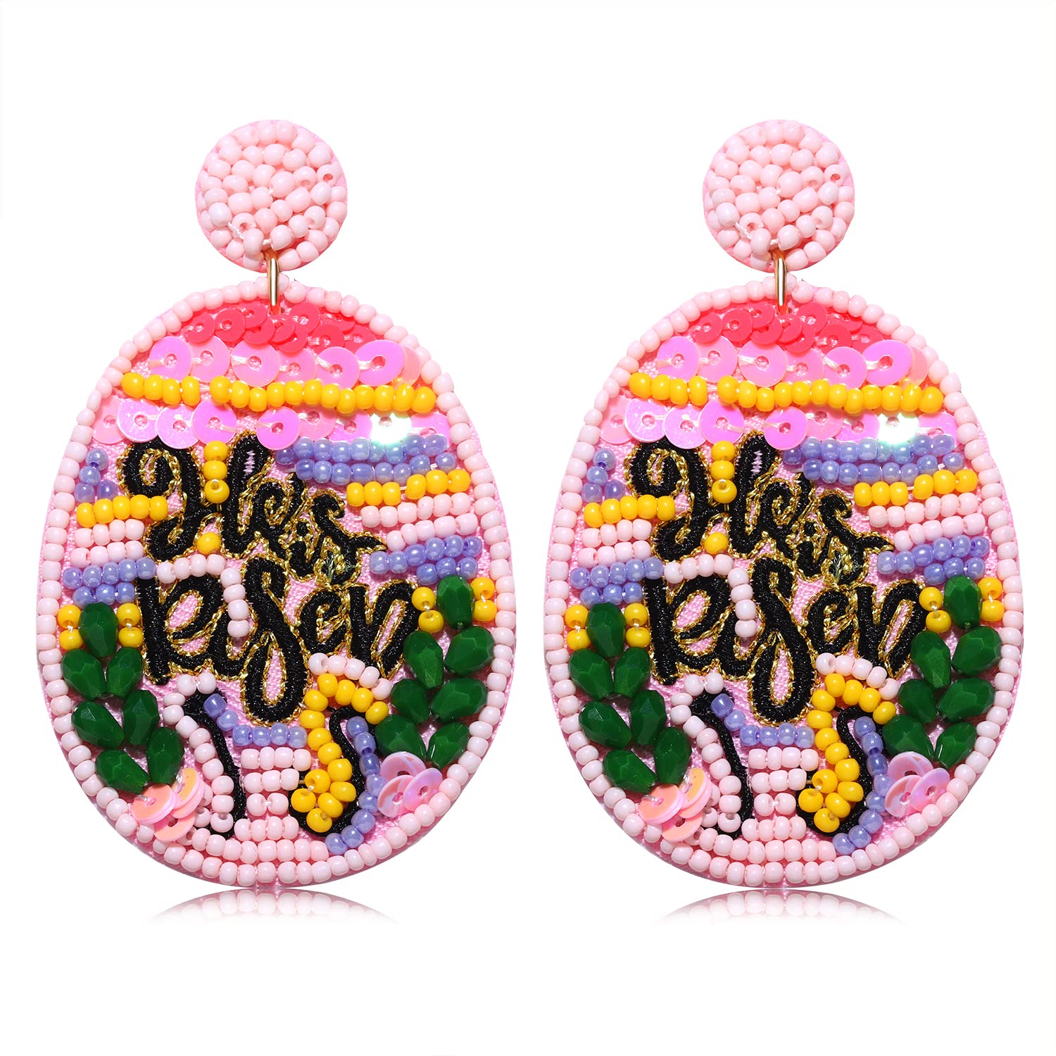 Easter Earrings for Women - Colorful Beaded 'He Is Risen' Dangle Earrings with Sequins & Egg Charm - Spring Holiday Jewelry Gift (Green) - Perfect for Easter Sunday Church, Spring Parties & Festive Celebrations