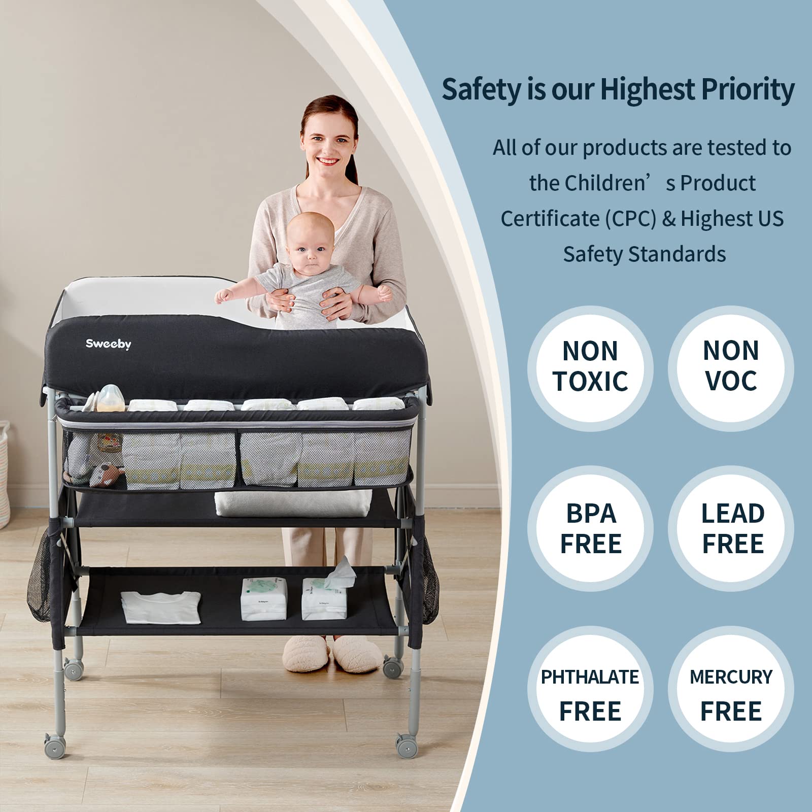 **Sweeby Portable Baby Changing Table - Foldable Diaper Changing Station with Waterproof Pad, Mobile Nursery Organizer for Infant & Newborn Essentials, Black - Perfect for Travel, Home & Daycare Use**