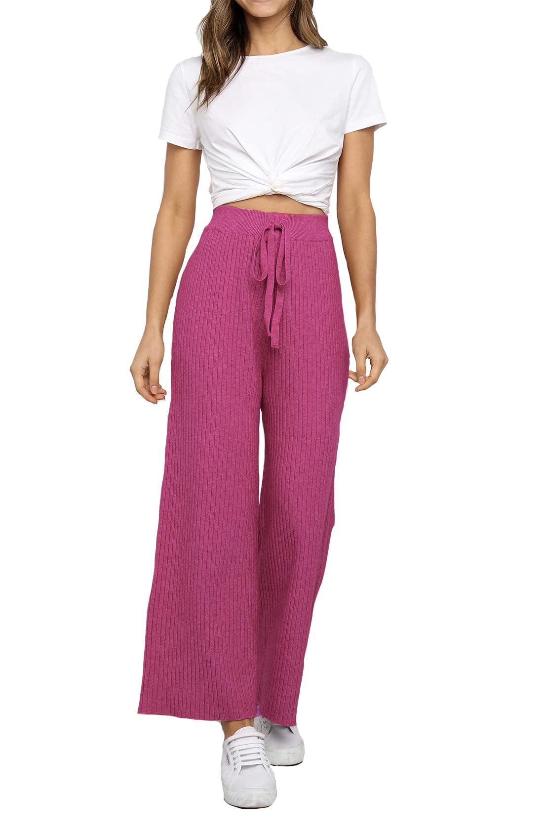Waitfairy Women's Solid Rib Knit Wide Leg Pants - Elastic Waist Comfortable Sweater Pants for Lounge, Work & Travel