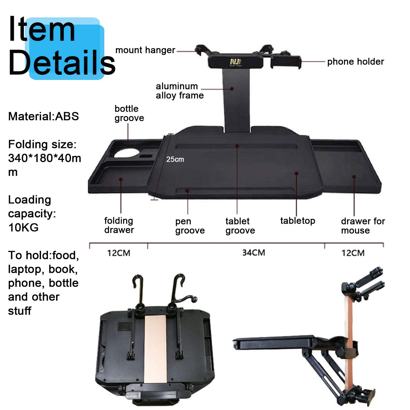 Kwak's Foldable Car Table - Steering Wheel Desk with Drawers & Drink Holder for Back Seat Dining & Work