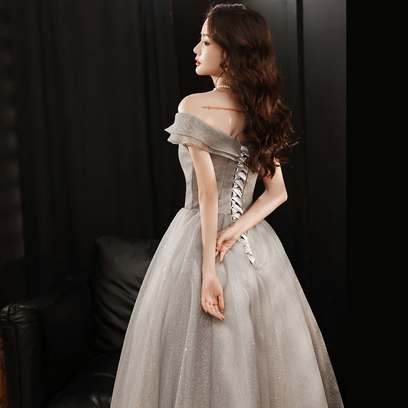 Elegant Off Shoulder Long Prom Dress in Sparkly Gray - Perfect for Evening Gala, Homecoming Dance & Formal Events