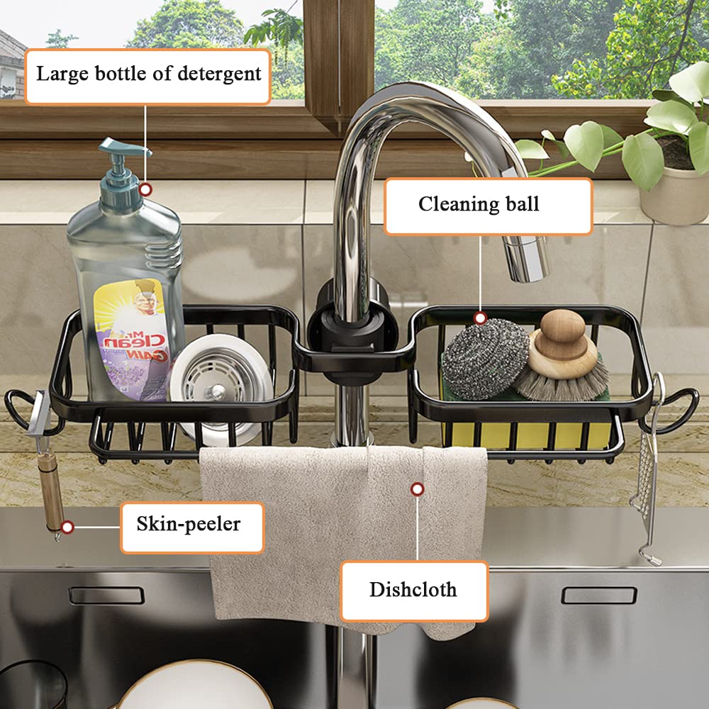Stainless Steel Kitchen Sink Organizer with Double Towel Rack & Hooks - Over The Faucet Sink Caddy for Sponge, Soap & Utensils - Perfect for Small Kitchen Organization & Dish Drying (Black)