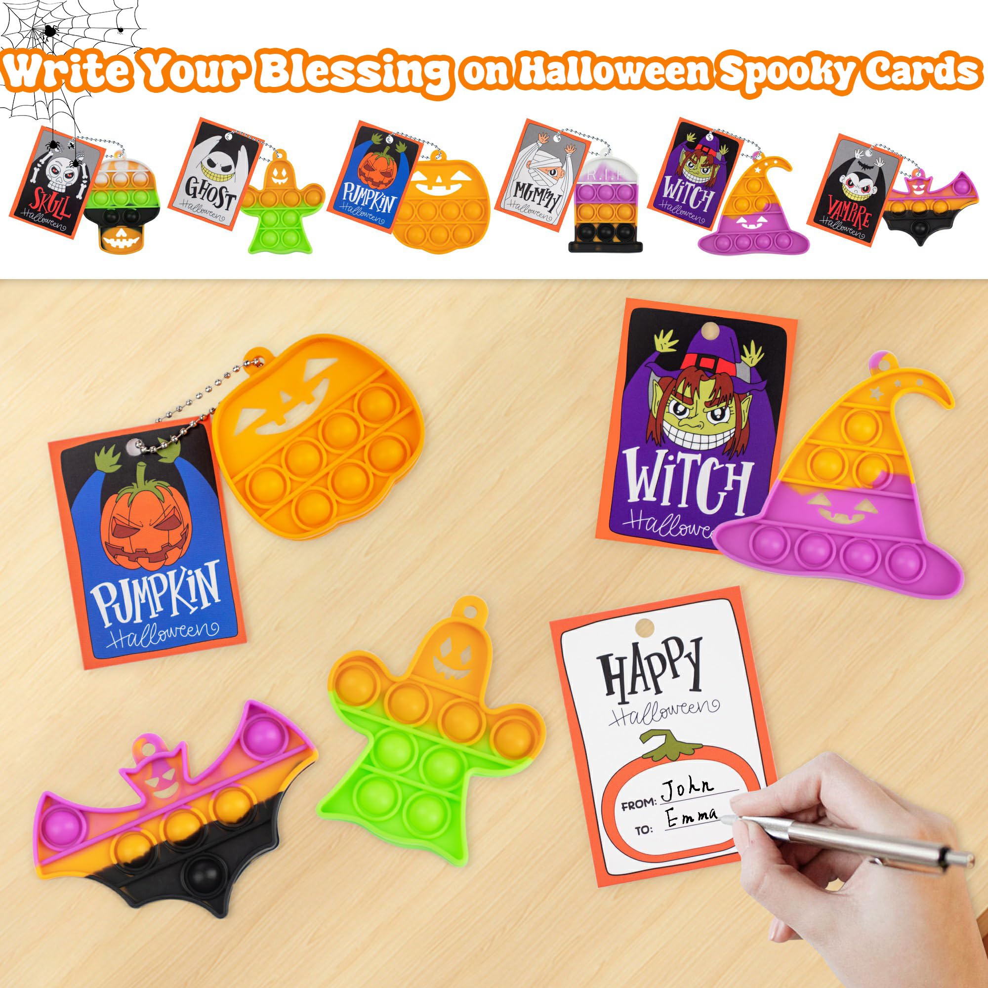 24 Pack Halloween Fidget Toys Bulk Set - Sensory Keychain Stress Relief Toys with Gift Card, No Candy Trick or Treat Favors for Kids, Toddlers - Perfect for Halloween Party Goodie Bags, Classroom Prizes, Birthday Gifts & School Events