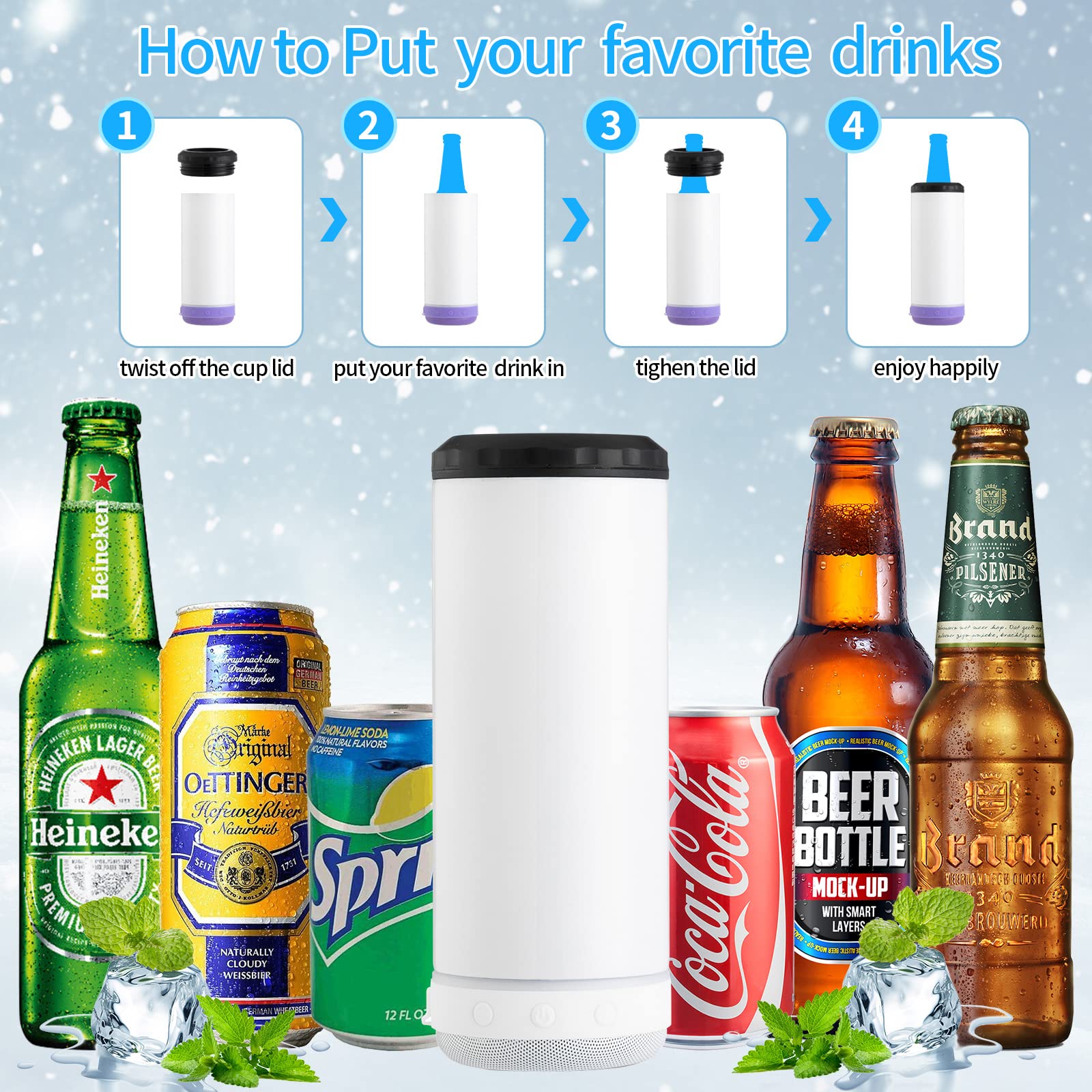 INSTOME 4-in-1 Sublimation Can Cooler with Bluetooth Speaker - 16oz Insulated Music Can Cooler with Detachable LED Light - Perfect for Summer Beach Parties, Poolside Drinks & Outdoor BBQs (White)