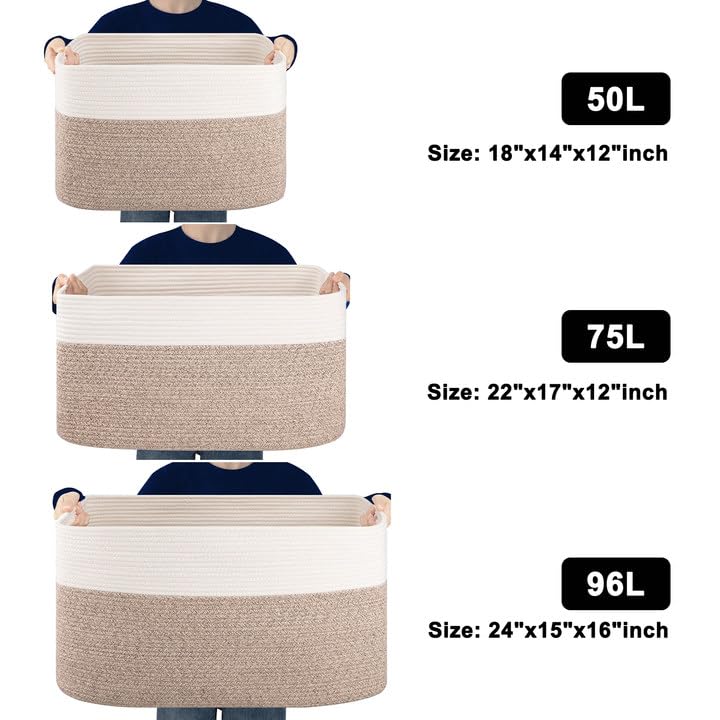 75L Large Woven Cotton Rope Storage Basket - Blanket Organizer, Toy Bin for Kids Nursery & Living Room Decor (22