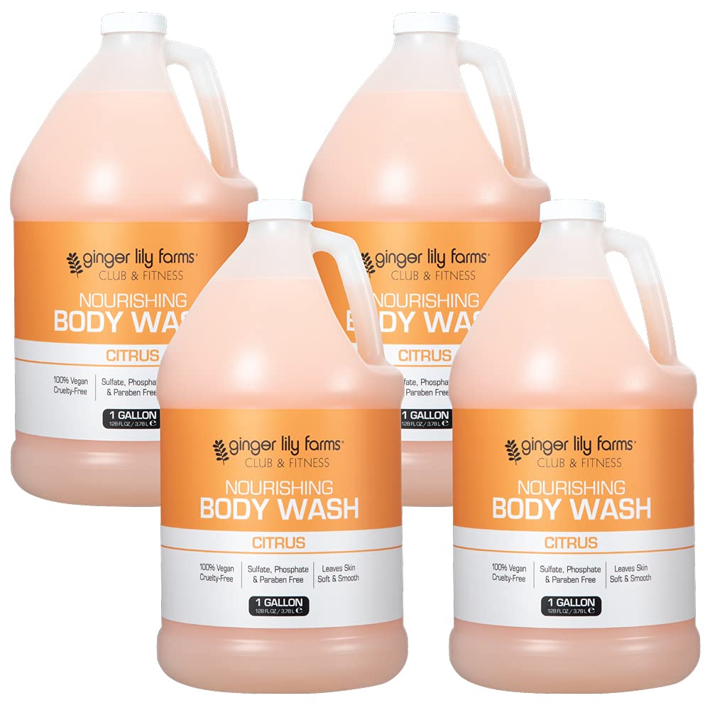 Ginger Lily Farms Club & Fitness Nourishing Body Wash - 100% Vegan & Cruelty-Free Citrus Scented Shower Gel - 1 Gallon Refill (Pack of 4) - Perfect for Gyms, Spas & Active Lifestyles