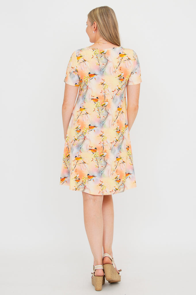 Lanai Short Sleeve Summer Dress - Songbird Print Bamboo Fabric for Beach Vacation & Casual Outings