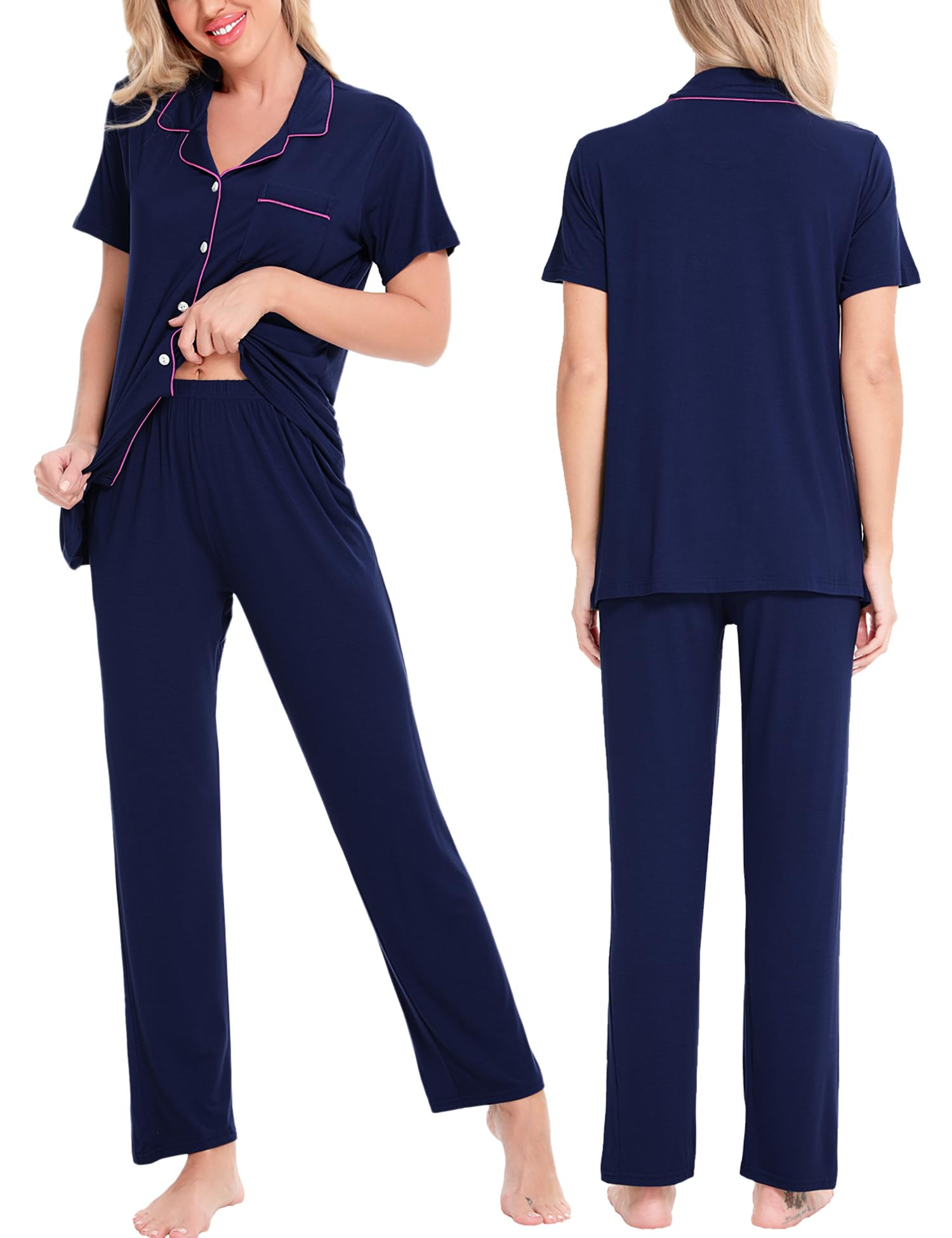 SWOMOG Women's 2-Piece Pajama Set - Soft Short Sleeve Button Down Sleepwear with Comfortable Long Pants for Lounge, Sleep & Relaxation at Home