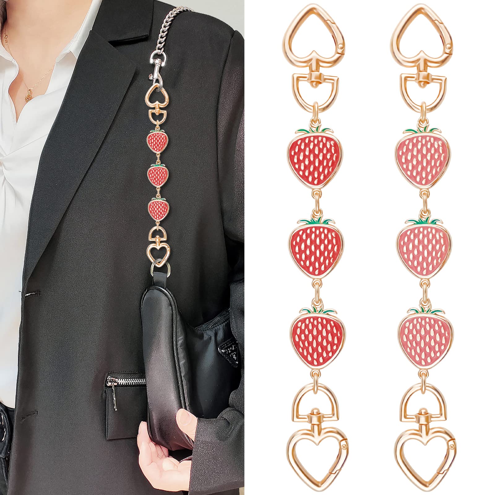 2 Pcs Gold Strawberry Purse Strap Extender - Cute Bag Chain Replacement with Heart Buckle (8.27 Inch) - Handbag Shoulder Bag Accessories & Charms for Women - Perfect for Daily Use, Shopping & Fashion Outfits