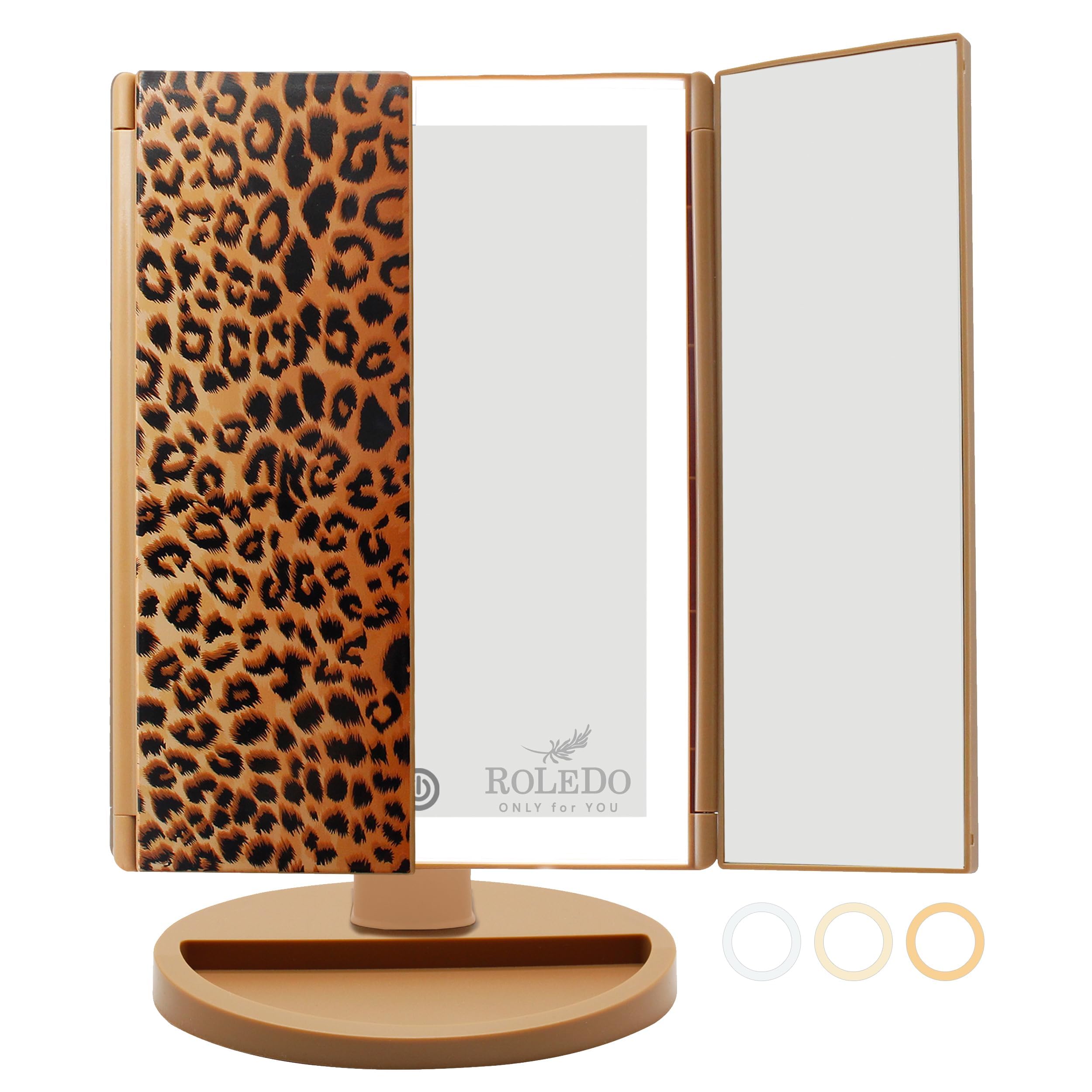 RoLeDo 3-Fold Lighted Vanity Makeup Mirror with 2X/3X Magnification - 72 LED Touch Screen Mirror with 3 Color Lighting Modes, Portable Cosmetic Mirror for Women & Teen Girls (Leopard Print) - Perfect for Home Makeup, Travel & Gift Giving