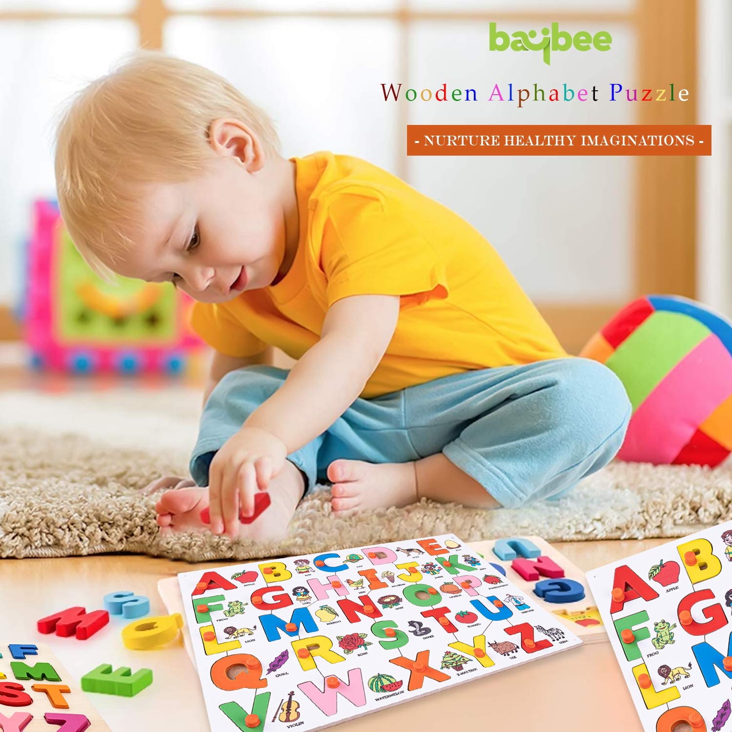 Baybee Wooden Alphabet Puzzle - Educational ABC Learning Toy for Kids Ages 3+ | Montessori Letter Recognition Game with Pictures | Perfect for Preschool Learning, Homeschooling & Birthday Gifts for Boys & Girls