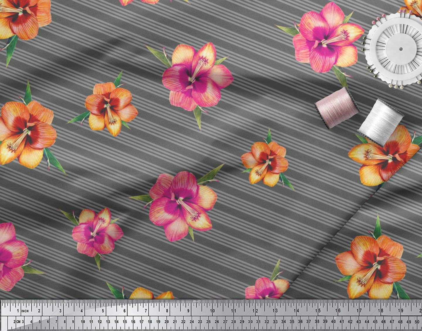 Soimoi Moss Georgette Gray Floral Stripe Fabric - 42 Inch Wide by The Yard - Printed Polyester Fabric for DIY Crafts, Dresses, Curtains & Home Decor