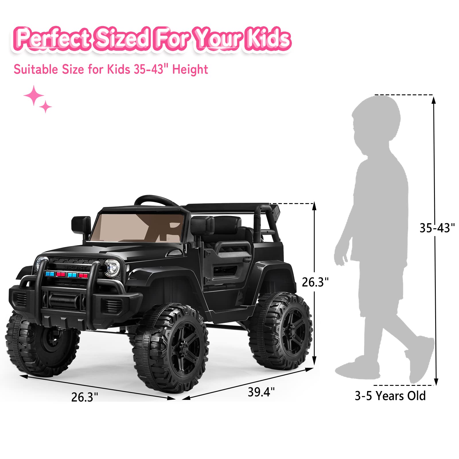 JOYMOR 12V Battery Powered Ride On Truck with Remote Control - 4 Wheels Kids Car with LED Headlights, Horn Button, MP3 Player & USB Port - Forward/Backward Function - Perfect Gift for Boys & Girls (Black) - Ideal for Indoor Play, Outdoor Driveways & Birthday Parties