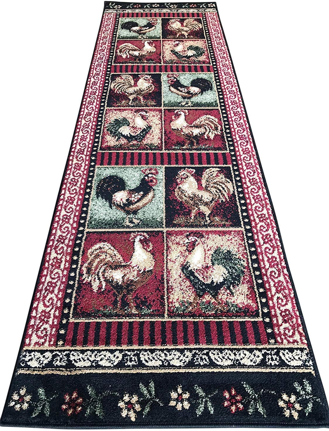 Champion Rugs Wildlife Nature French Country Rooster Chicken Area Rug - 2’x7’ Runner in Red, Black, Green - Perfect for Kitchen, Entryway, or Farmhouse Decor