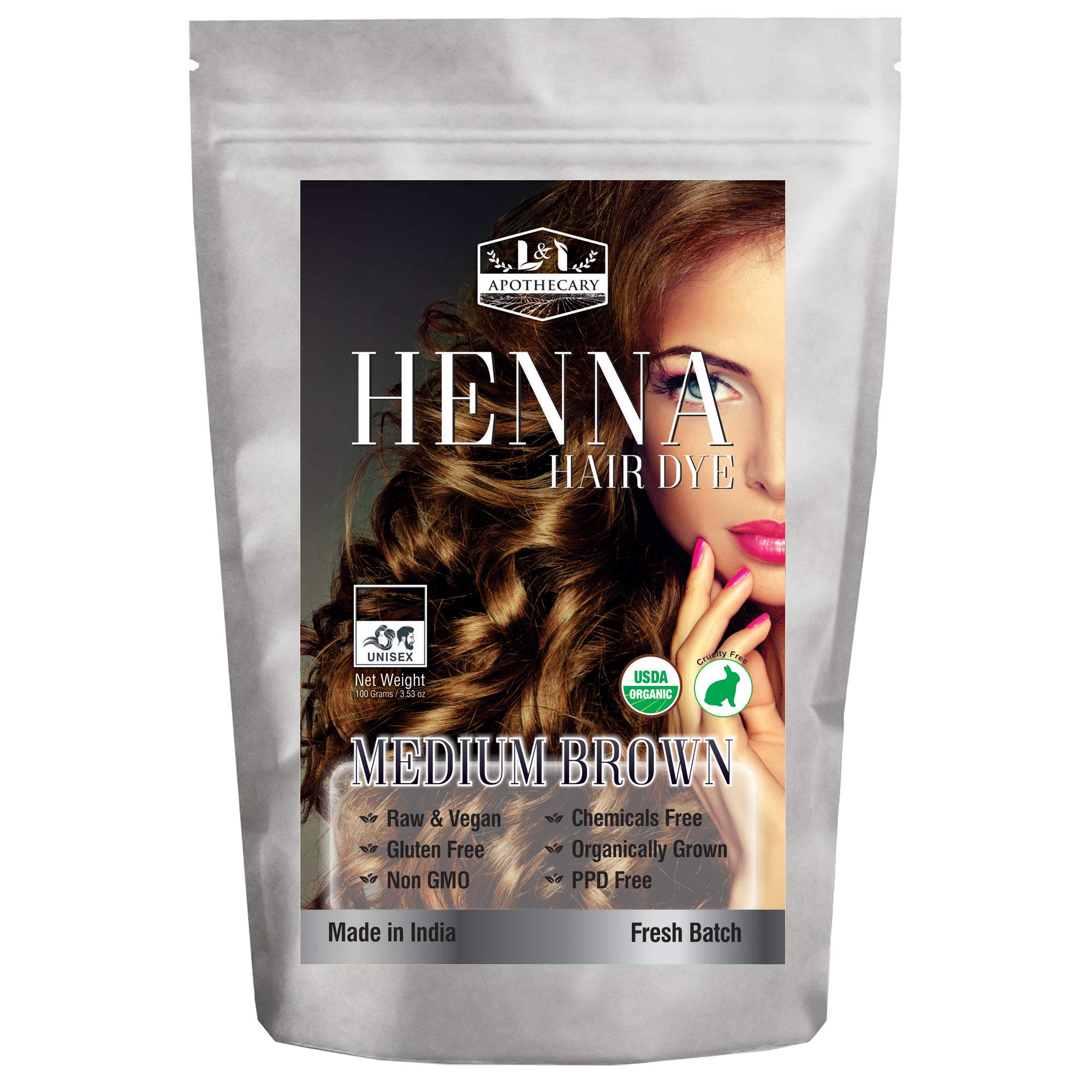 Organic Medium Brown Henna Hair Dye - USDA Certified, Natural & Cruelty Free Hair Color for Women & Men | Safe for Sensitive Scalp, Vegan & Gluten Free | Perfect for At-Home Hair Coloring & Gray Coverage