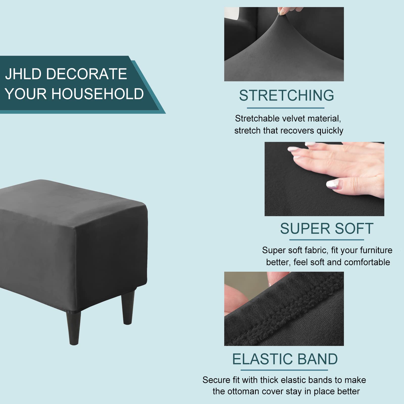 Velvet Ottoman Cover Rectangle & Square - Stretchable Footstool Slipcover Protector - Washable & Removable Storage Ottoman Cover for Living Room, Bedroom, Office - Black (1 Piece) - Perfect for Home Decor & Furniture Protection
