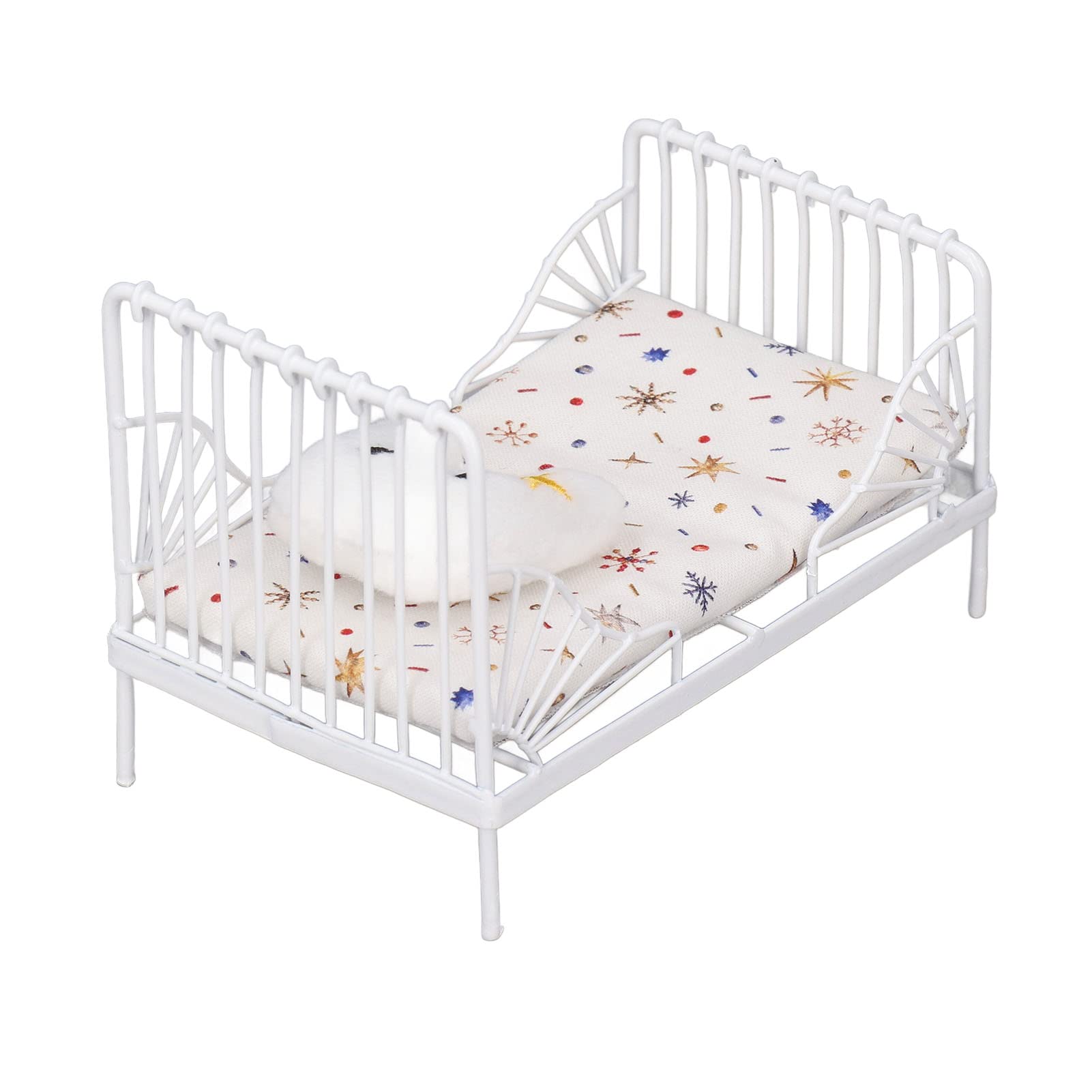 1:12 Scale Miniature Dollhouse Bed Set - White Star Pattern Metal Frame with Decorative Pillow | Realistic Doll Furniture for Collectors & DIY Dollhouse Decor | Perfect for Miniature Displays, Model Homes & Toy Photography