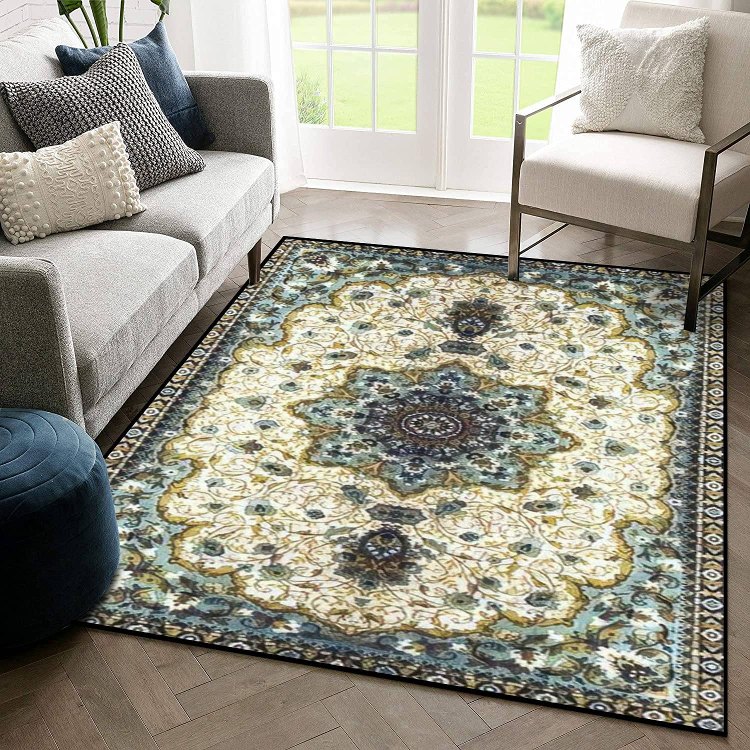 Soft Persian Style Round Mandala Area Rug - Indoor/Outdoor Non-Slip Carpet for Living Room, Coffee Table, Bedroom Decor - Boho Home Decoration Gift with Abstract Design