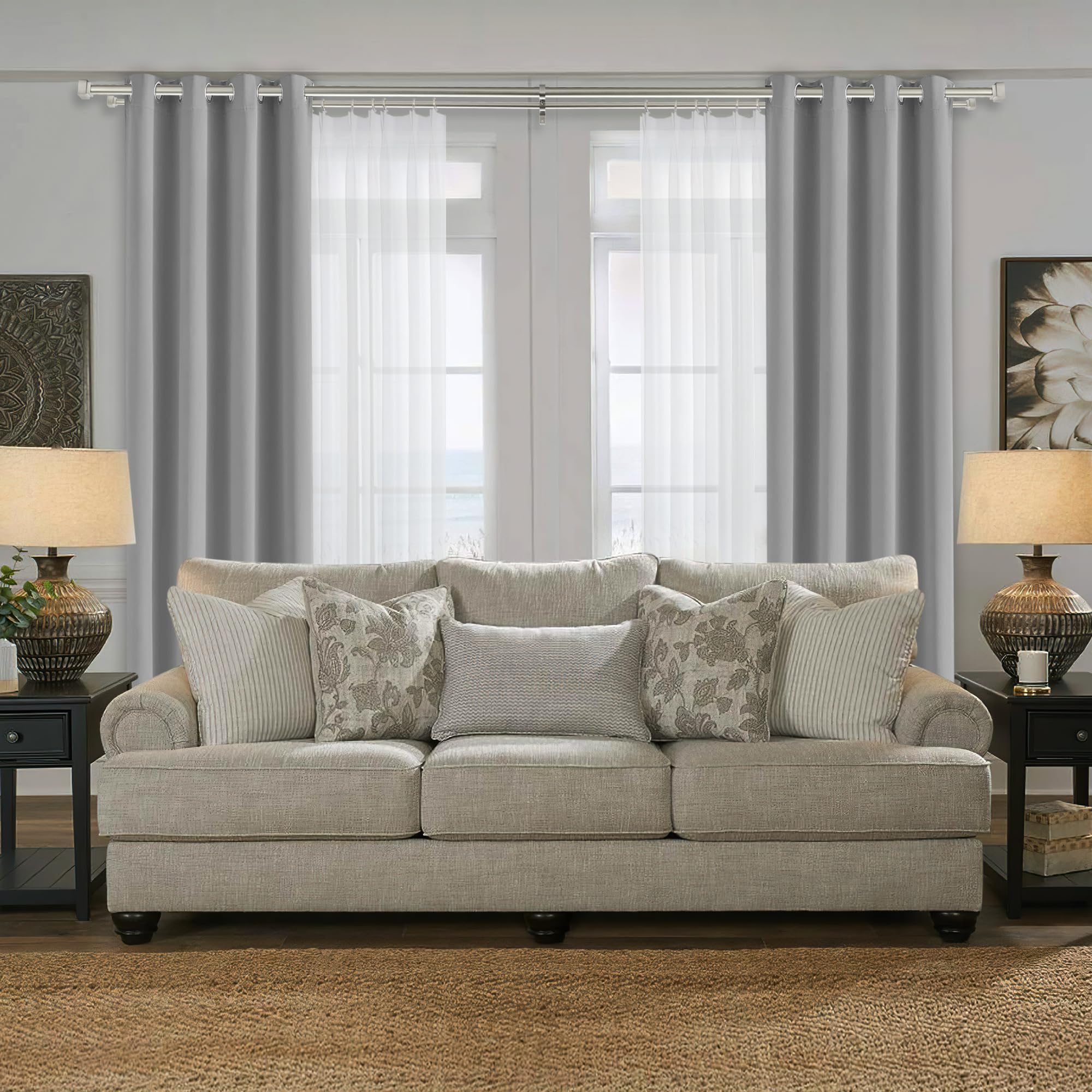 1 Inch Modern Double Window Curtain Rods - 36-72 Inch Adjustable Telescoping Heavy Duty Drapery Rods with Stylish Square Allufer Finials - Dual Curtain Rod Set for Living Room, Bedroom & Home Decor - Brushed Nickel Finish