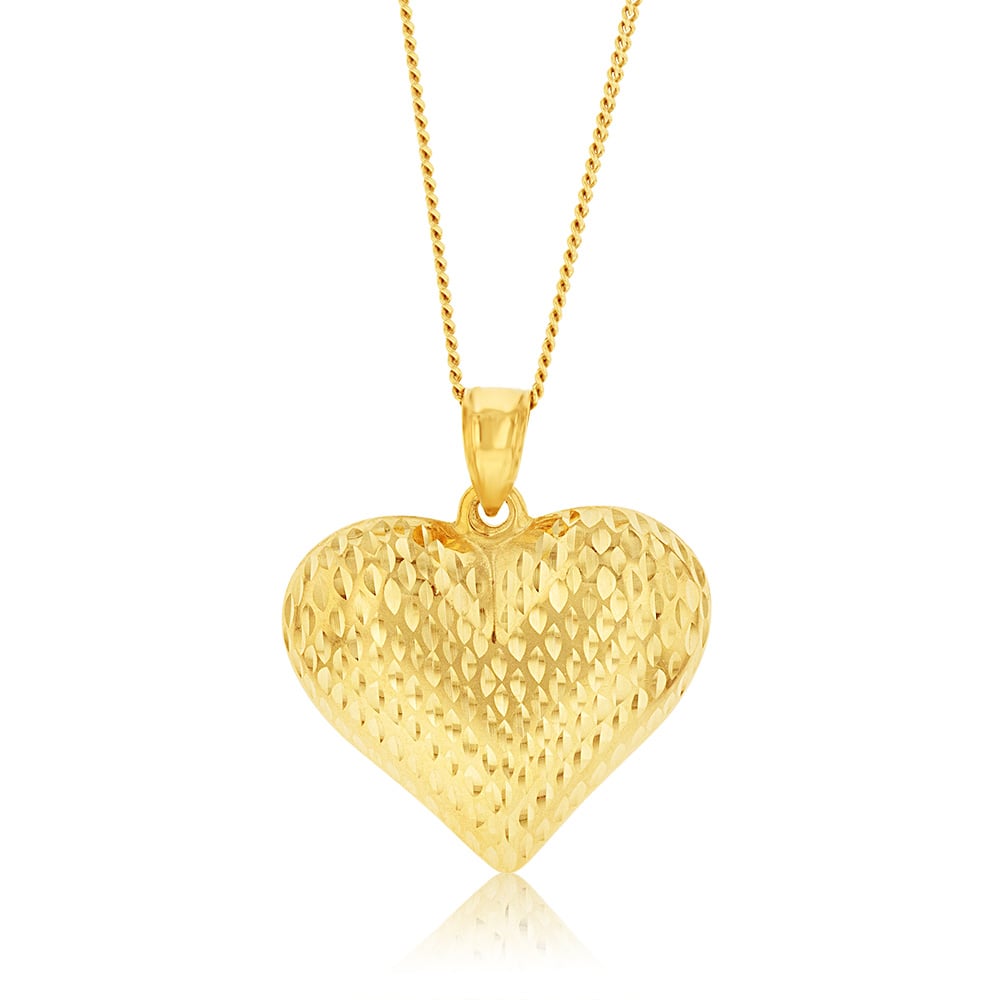 10ct Yellow Gold Silver Filled Diamond Cut Heart Pendant Necklace for Women - Elegant Valentine's Day Gift & Romantic Anniversary Jewelry