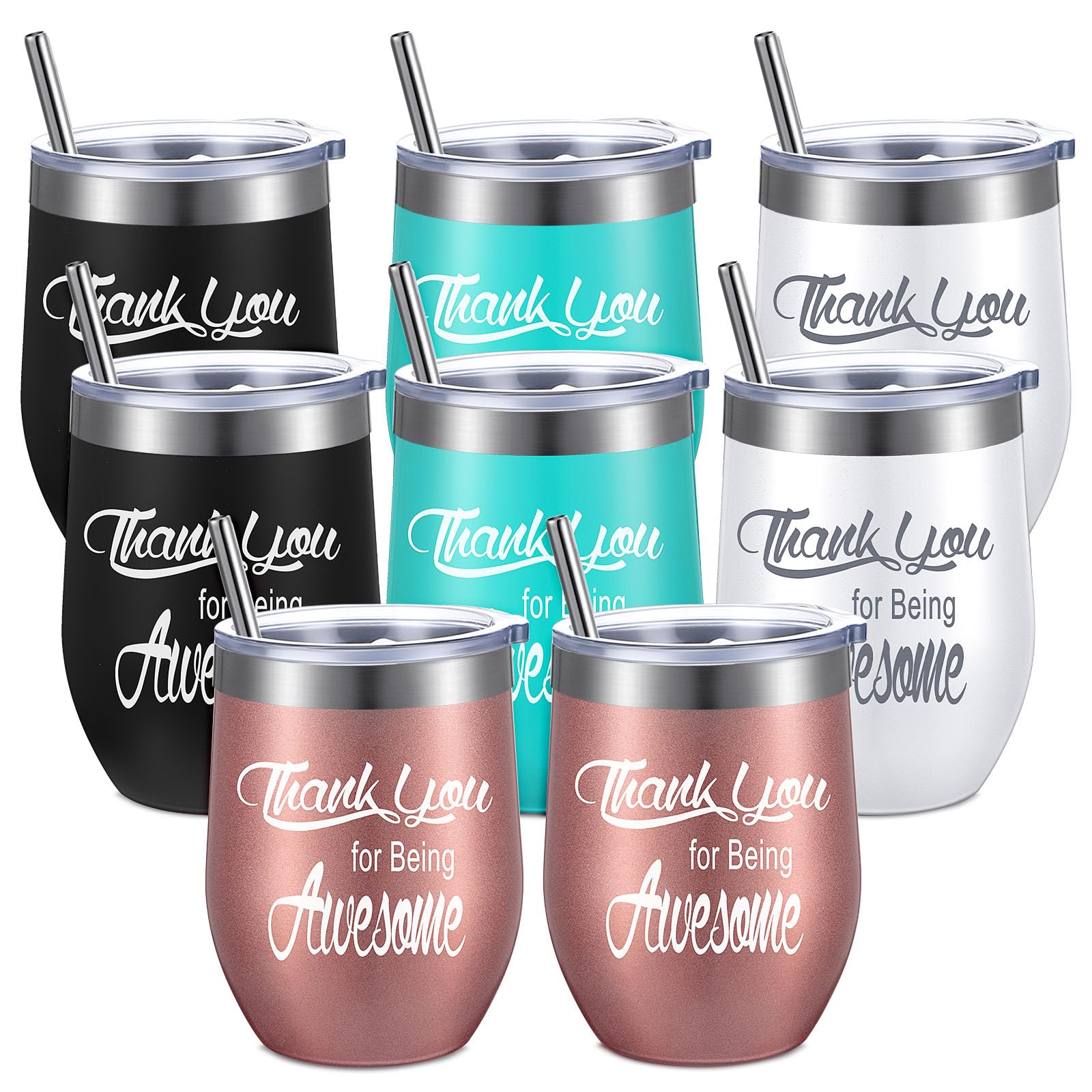 Stainless Steel Insulated Wine Tumbler with Straw - 8 Pack Multi-Color Set | Perfect Thank You Gift for Employees, Coworkers, Friends, Women & Men | Ideal for Office Appreciation, Corporate Events, Parties & Daily Use