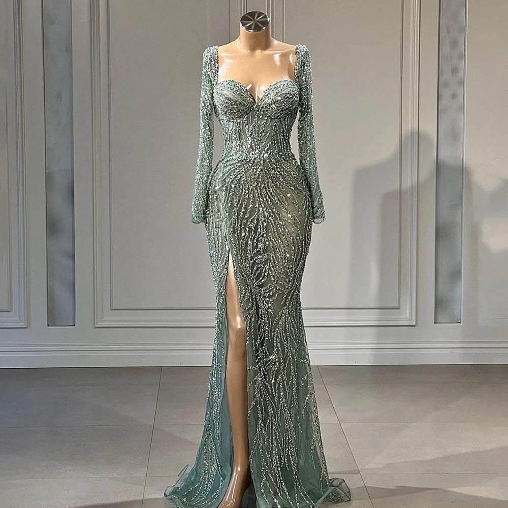 Elegant Arabic Turquoise Mermaid Evening Gown with Beaded Details & High Split - Women's Formal Dress for Wedding, Party & Special Occasions - Serene Hill LA72093