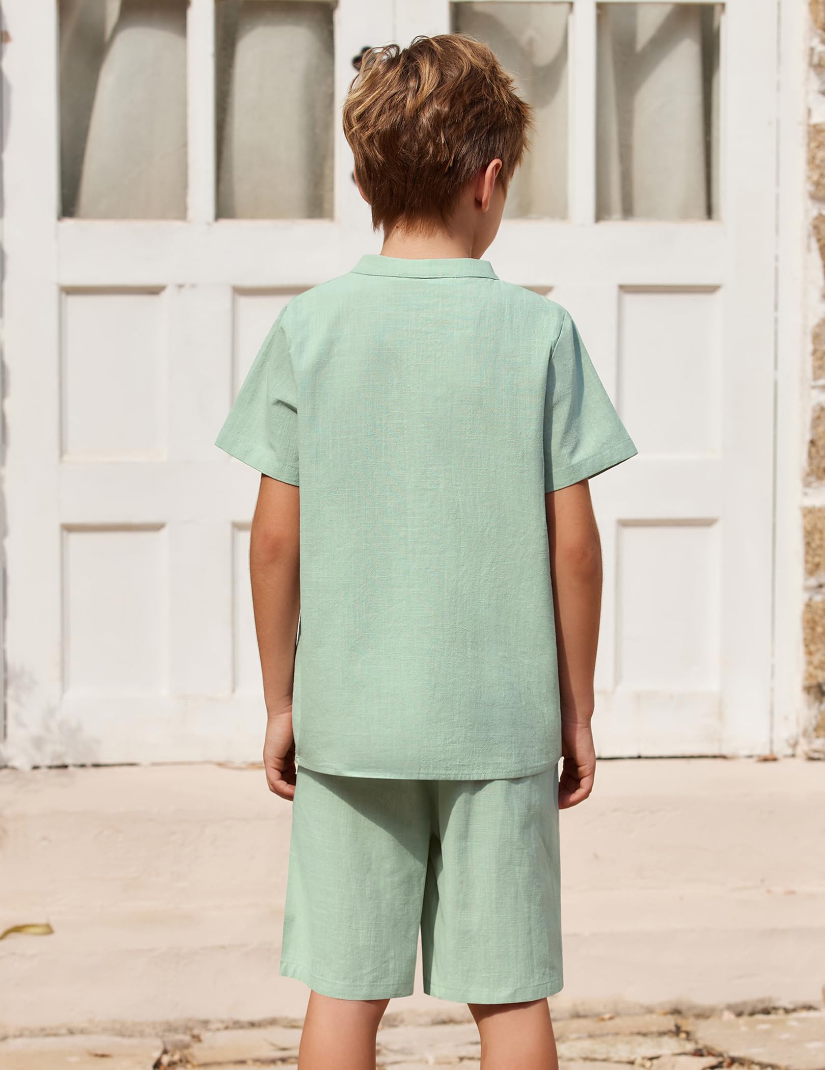 Arshiner Boys' 2-Piece Cotton Linen Outfit - Casual Henley Shirt & Short Sleeve Beach Shorts Set for Summer (Ages 5-12) - Perfect for Beach Vacations, Playdates & Outdoor Adventures