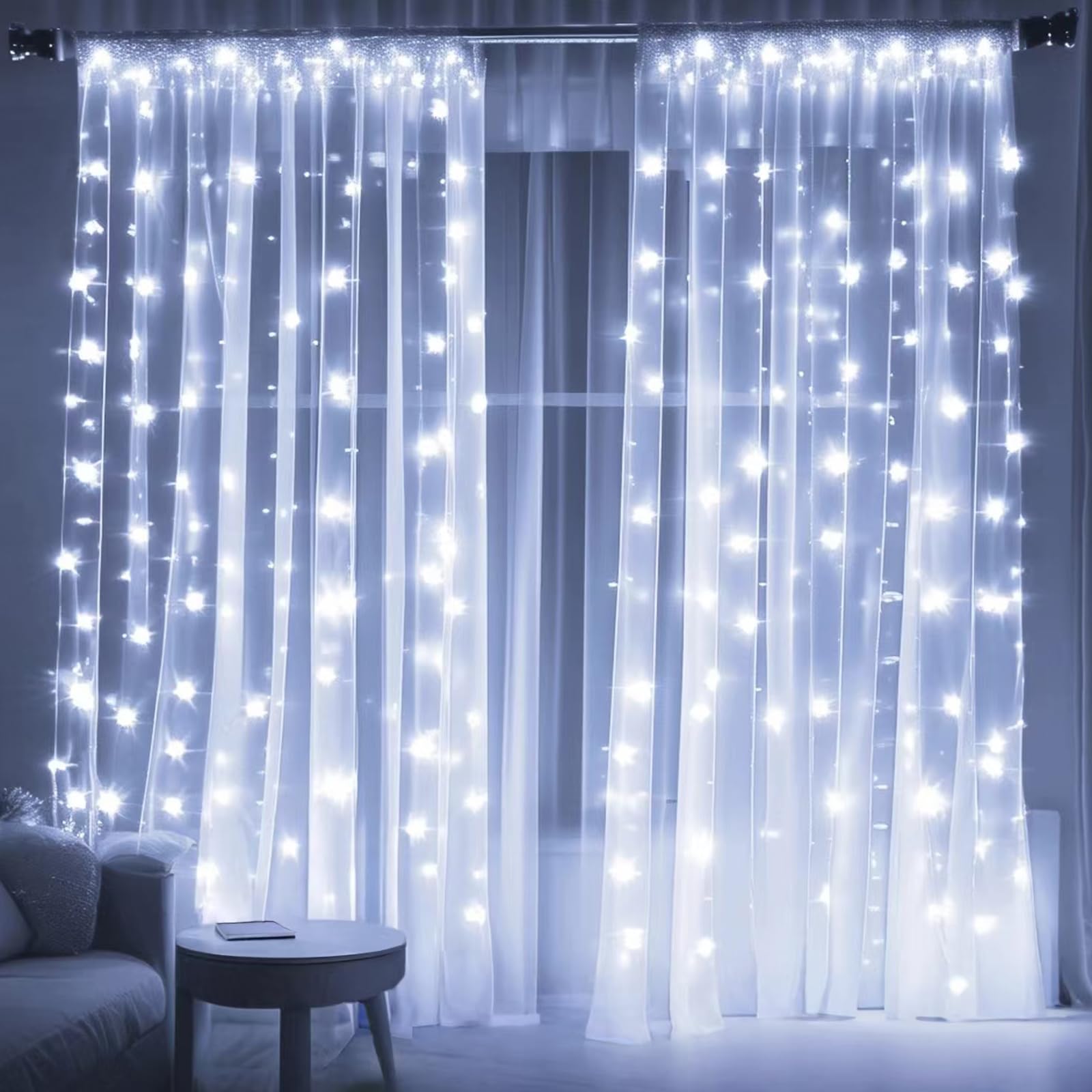 Fairy String Lights for Bedroom Decor - 8 Lighting Modes LED Curtain Lights, Romantic Wall Decor for Valentine's Day, Girls Room, Wedding & Party Decorations (White) - Perfect for Creating Cozy Atmosphere in Dorm, Nursery or Living Room