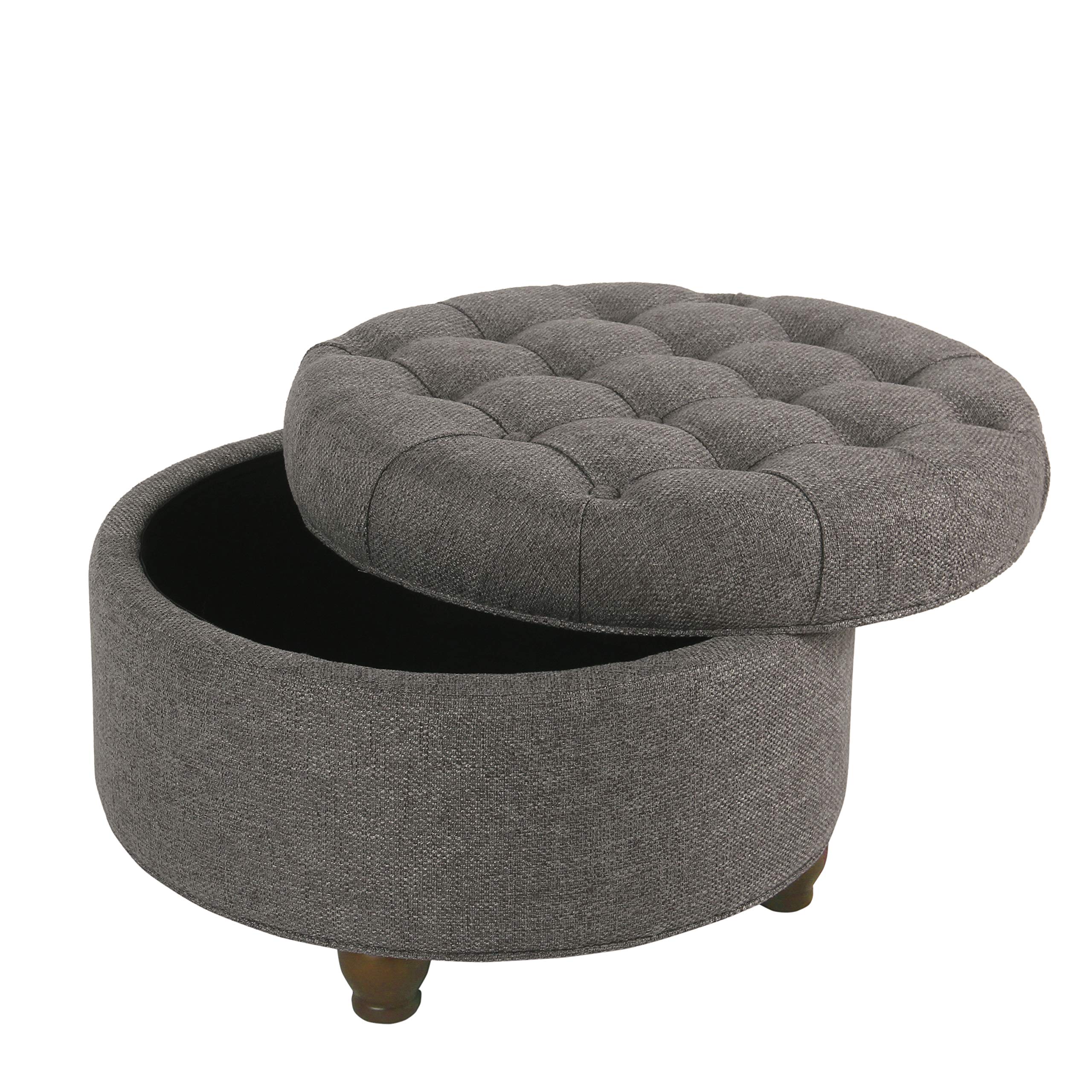 Homepop Button Tufted Woven Round Storage Ottoman - Dark Gray Storage Footrest for Living Room & Bedroom | Perfect for Small Space Organization & Extra Seating