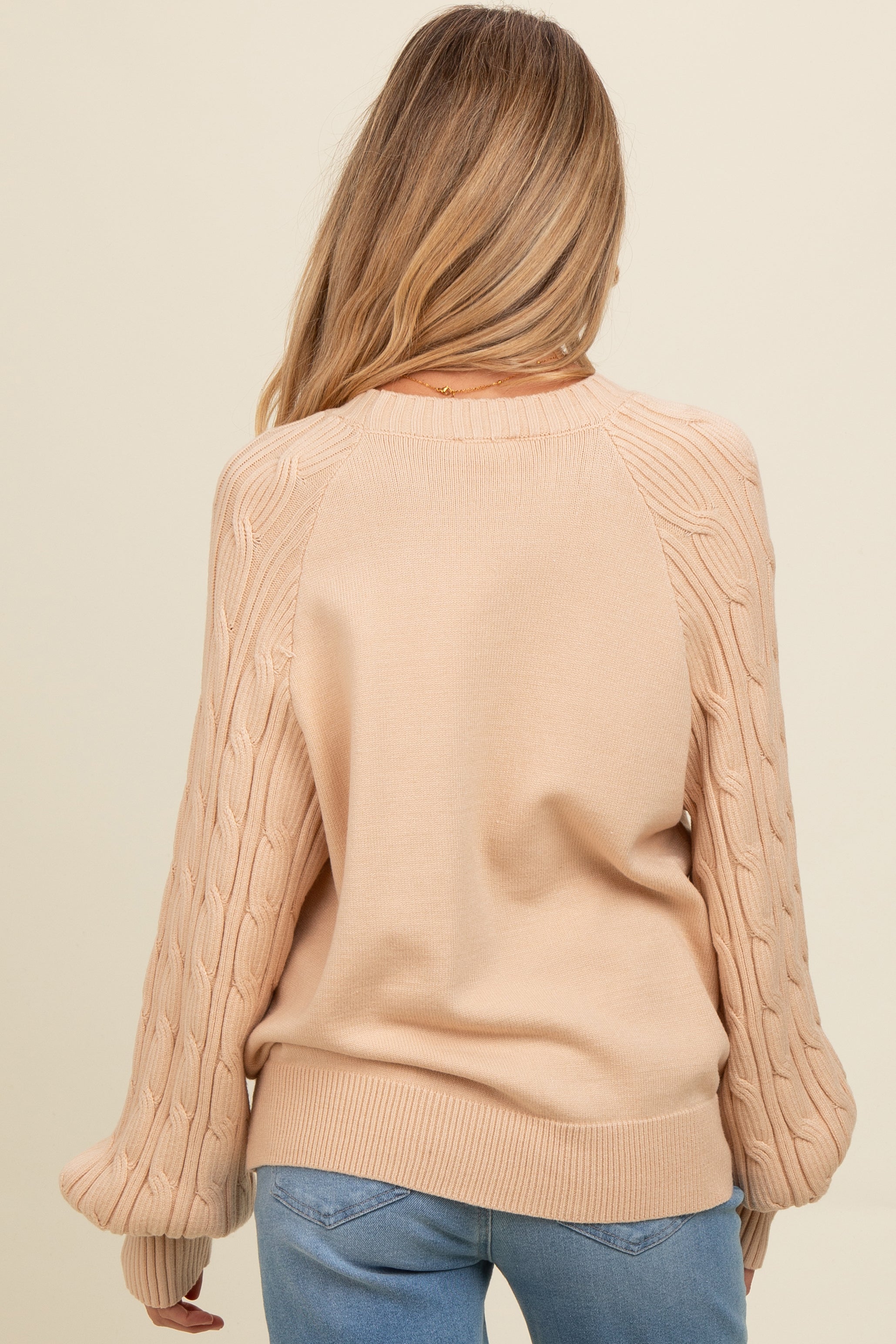 Beige Contrast Cable Knit Sleeve Maternity Sweater - Soft & Stretchy Pregnancy Top for Women - Perfect for Casual Wear, Baby Showers & Maternity Photos