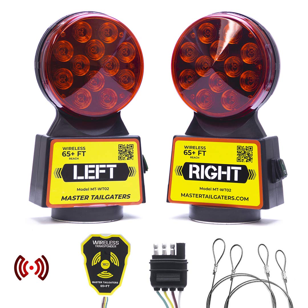 Master Tailgaters Wireless Trailer Tow Lights - Magnetic Mount LED Signal Lights with 65ft Range & 4-Pin Blade Connector | Waterproof Brake/Turn Lights for Trucks, Trailers, Boats | Includes Safety Straps for Secure Installation