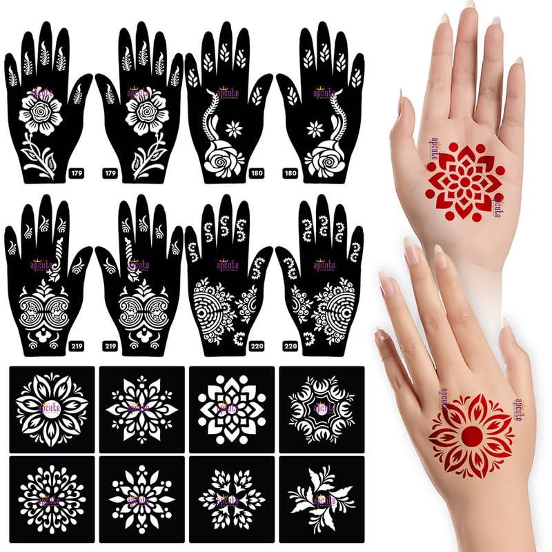 Apcute 18pc Combo Pack Henna Tattoo Stencils for Women, Girls & Kids - Easy DIY Mehndi Design Stickers for Hands & Feet - Perfect for Weddings, Parties & Festivals