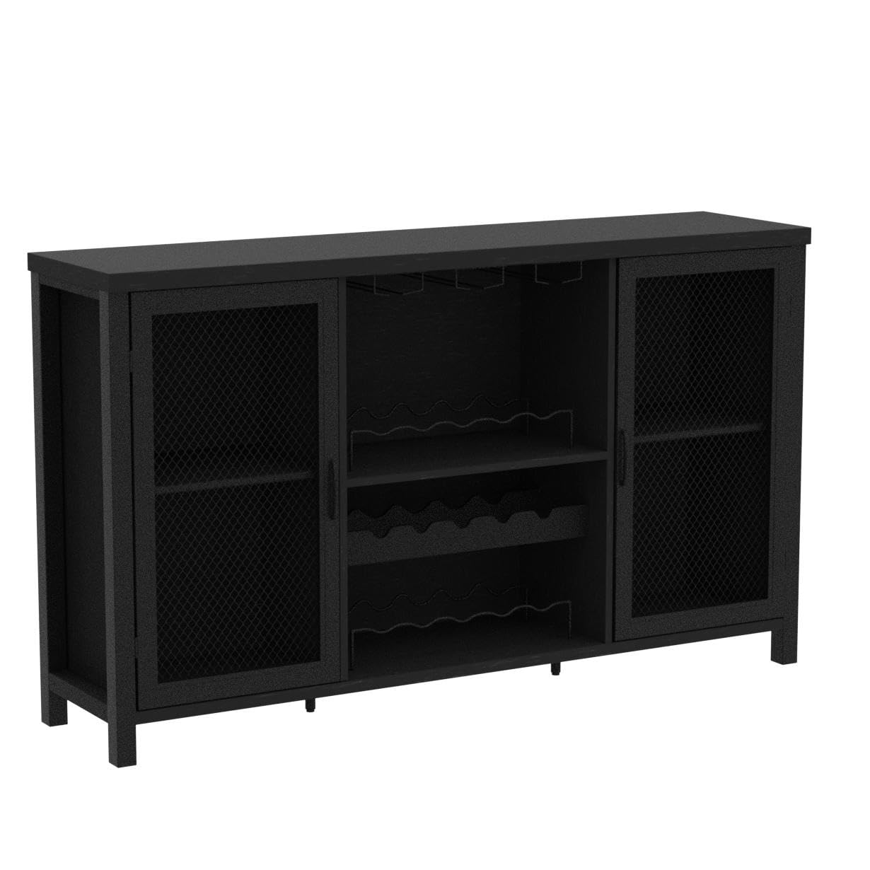 IBF 55 Inch Black Oak Industrial Coffee & Liquor Cabinet with Wine Rack Storage - Farmhouse Style Kitchen Buffet for Home, Living Room & Dining Room | Perfect for Entertaining Guests & Organizing Beverages