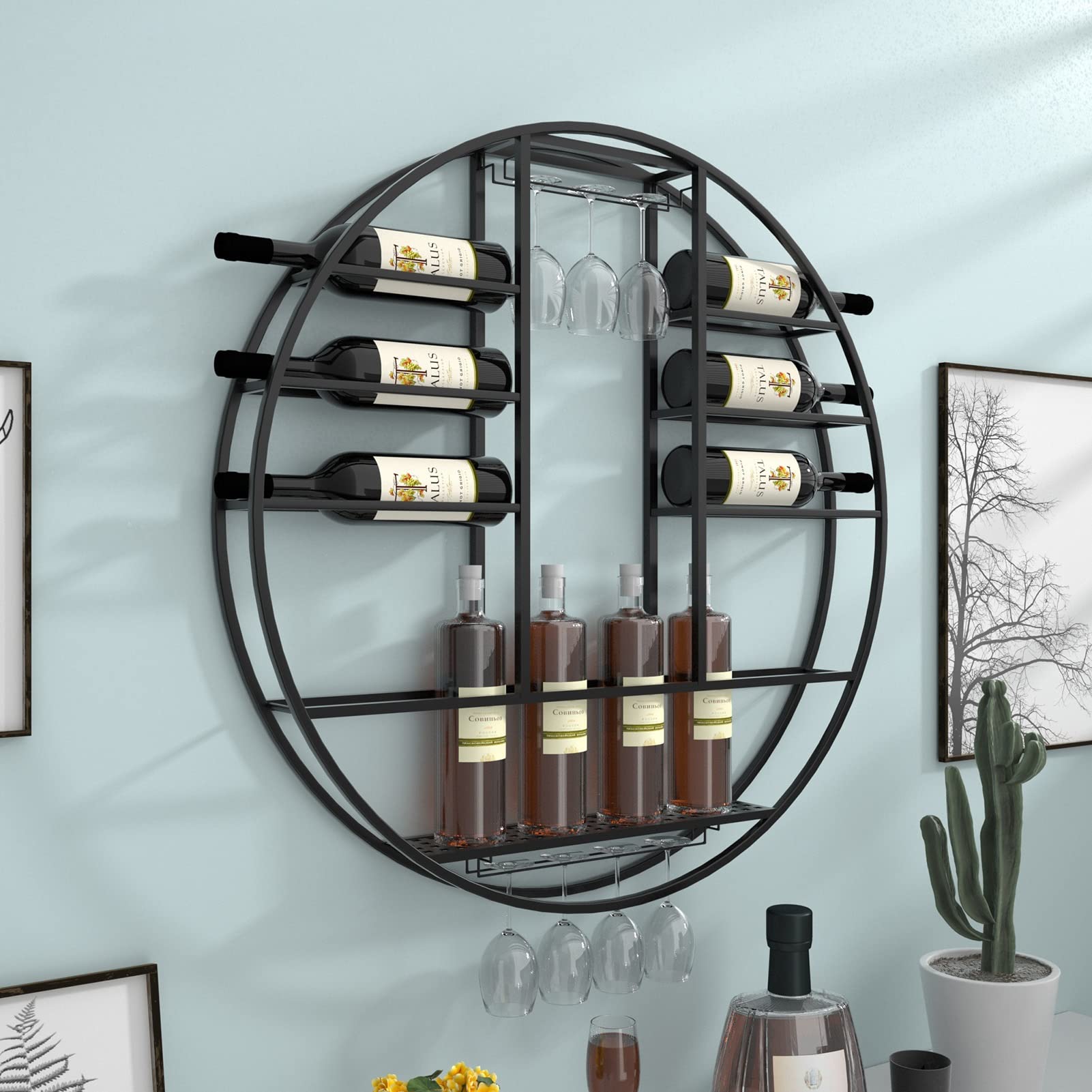 Metal Black Wall Mounted Round Wine Rack & Glass Holder - 90x11x90cm Bar Storage Shelf for Kitchen, Cellar Decor | Perfect for Home Bars, Restaurants & Wine Display