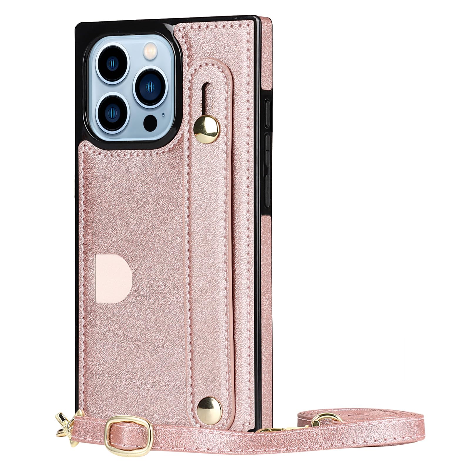 CCSmall iPhone 15 Pro Case with Card Holder & Wrist Strap - Slim Protective Phone Cover with Removable Adjustable Shoulder Lanyard for Women (KB Rose) - Perfect for Shopping, Travel and Hands-Free Daily Use