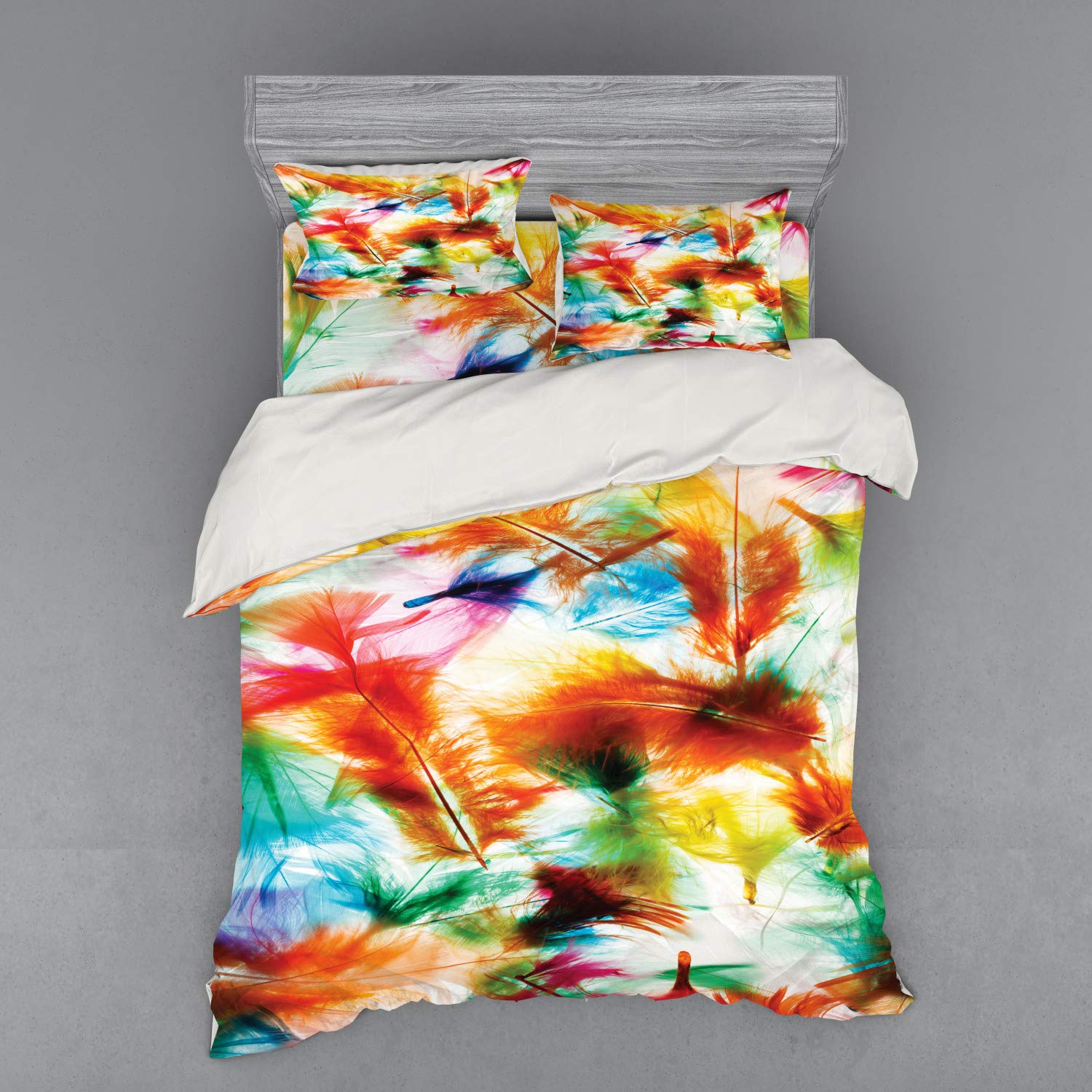 Ambesonne Psychedelic Feather Wing Duvet Cover Set - 4 Piece Queen Size Bedding with Shams & Fitted Sheet, Vibrant Multicolor Bohemian Design | Perfect for Bohemian Bedrooms, Guest Rooms & Artistic Home Decor