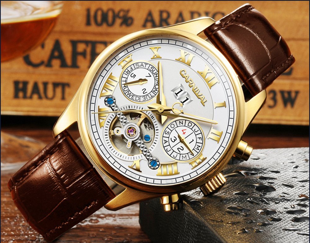 PASOY Men's Automatic Mechanical Tourbillon Watch - Stainless Steel Case, Blue Skeleton Dial with Date Display - Perfect for Business, Formal & Casual Wear