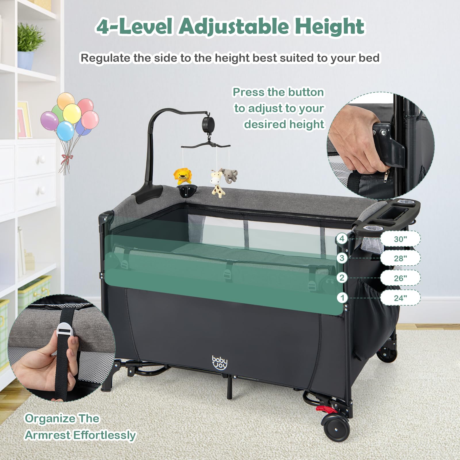 BABY JOY 5-in-1 Pack and Play with Bassinet | Convertible Baby Bedside Sleeper & Playard for Newborn to Toddler | Includes U-Shape Diaper Changer, Safety Strap, Music Box & Hanging Toys | Perfect for Nursery, Travel & Co-Sleeping