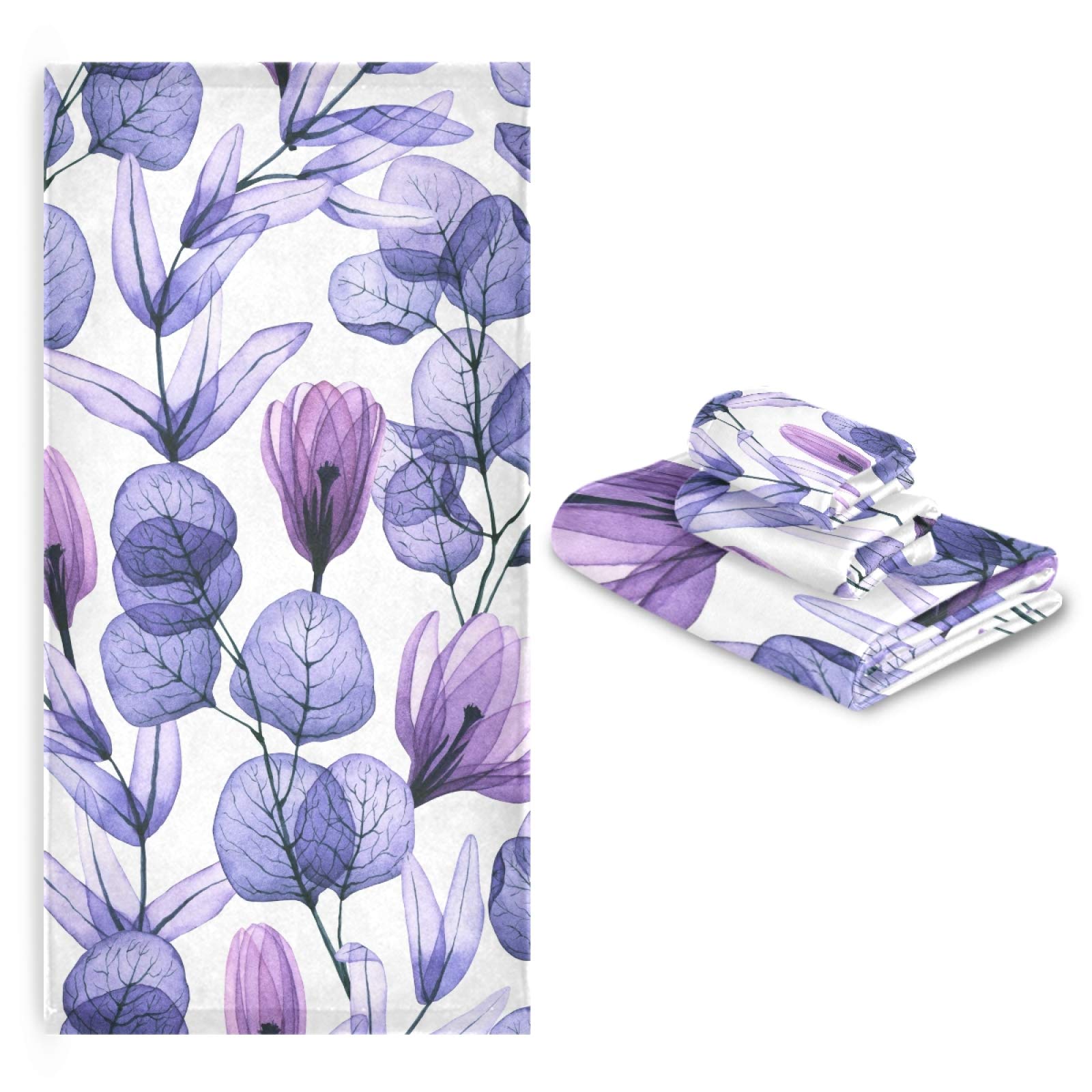 ALAZA 3-Piece Bath Towel Set - Soft, Highly Absorbent Purple Floral Design (1 Bath Towel, 1 Hand Towel, 1 Washcloth) for Bathroom, Spa, Gym & Beach - Luxury Home Decor & Practical Use