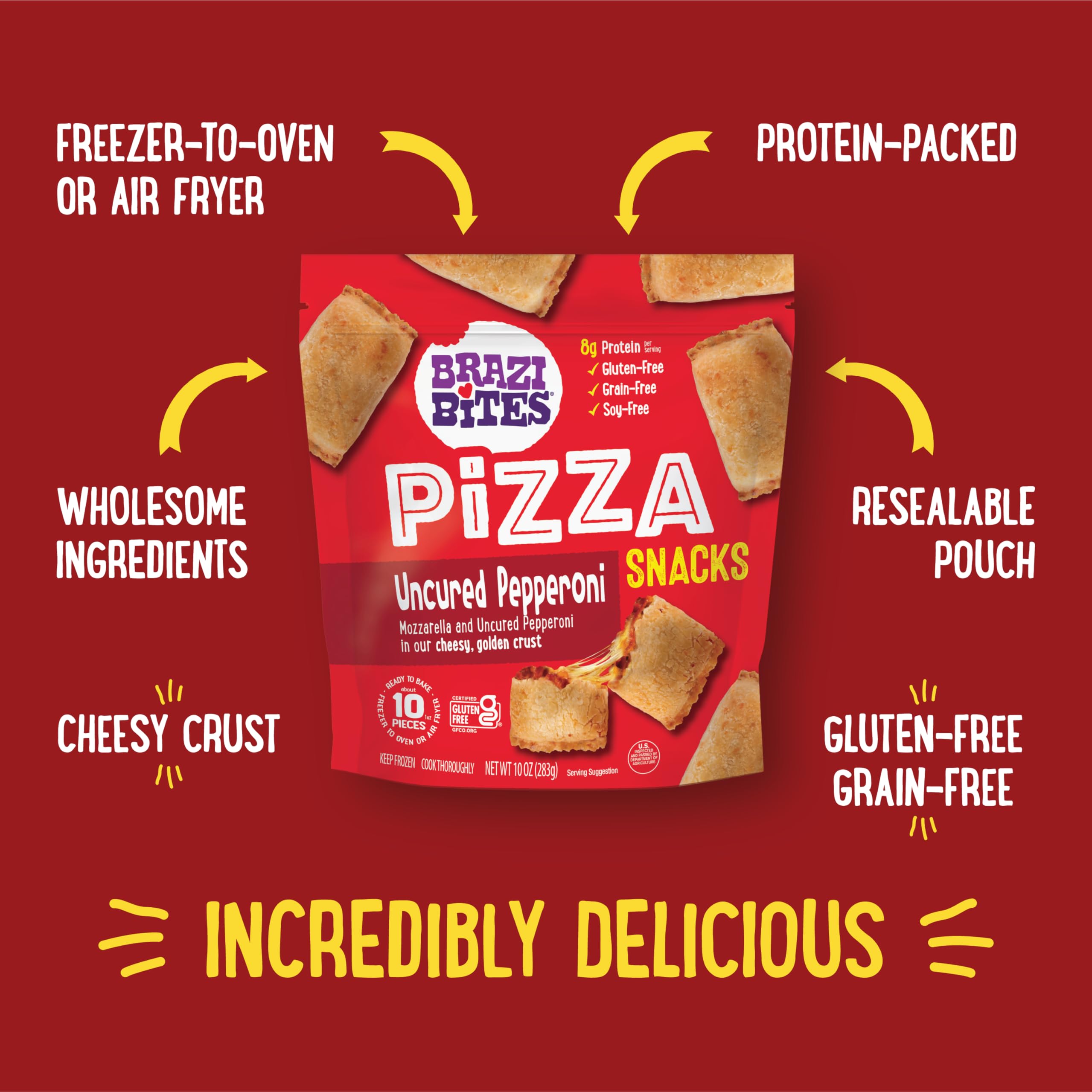 Brazi Bites Gluten-Free Pepperoni Pizza Snacks - Healthy Frozen Snack, Grain-Free, Soy-Free, No Artificial Ingredients or Preservatives - 10 oz Pouches (12-Pack) - Perfect for School Lunches, Movie Nights & Quick Appetizers