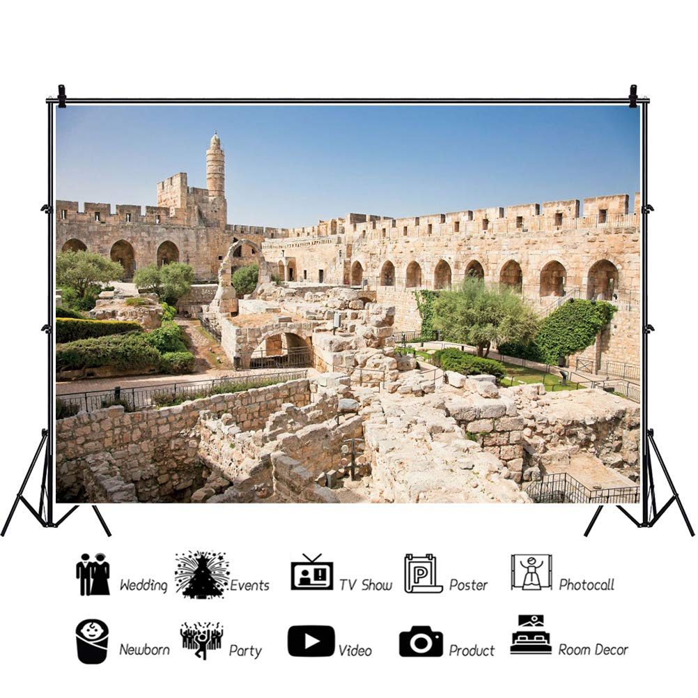 7x5ft David Tower Photography Backdrop - Old City Jerusalem Scenery, David Tower Museum & Ancient Ruins Background for Historical Photo Shoots, Travel Vlogs, and Themed Events