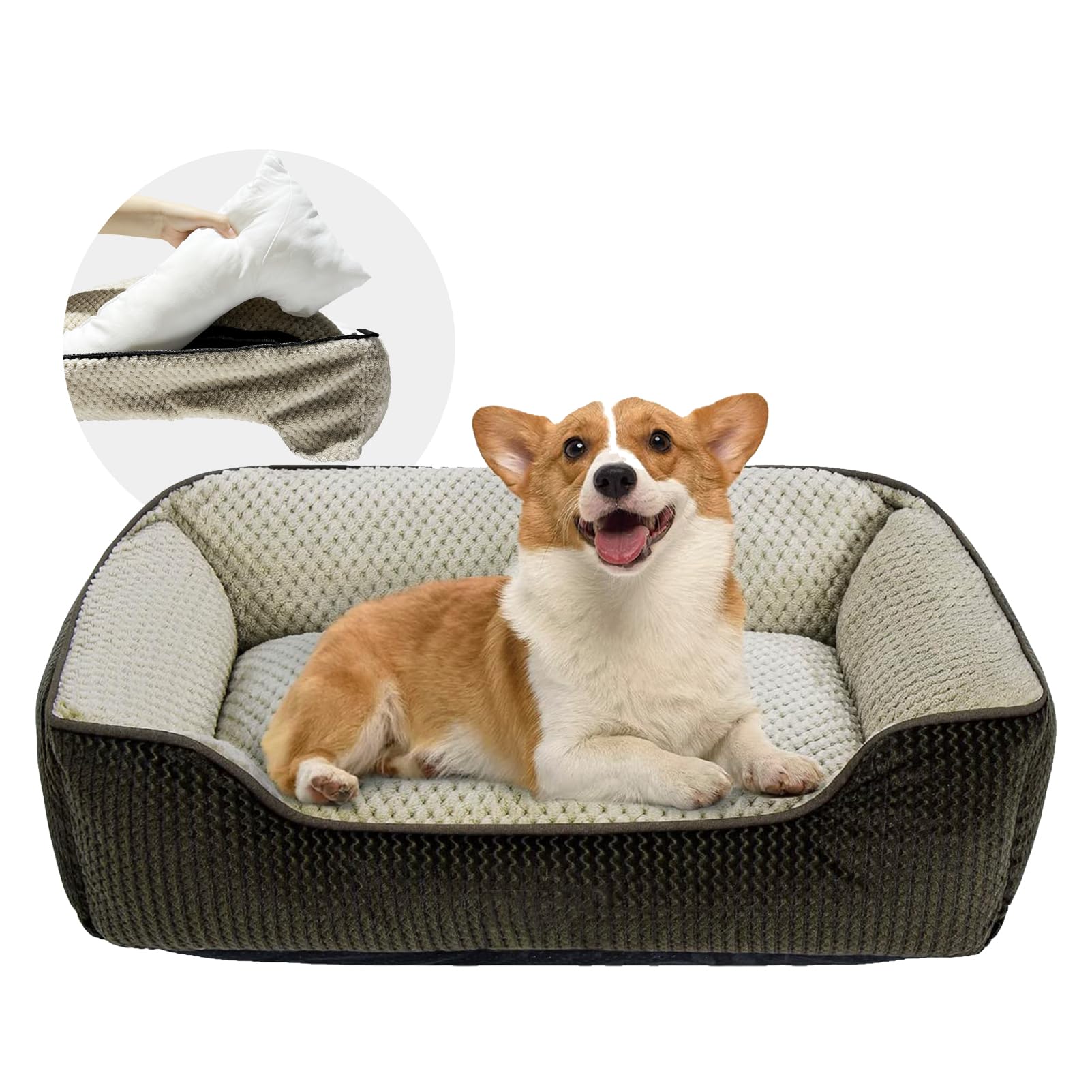 Washable Removable Dog Bed for Medium Dogs & Large Cats - Easy Clean Rectangle Pet Bed with Zipper Cover, Bolster & Non-Slip Bottom, Supportive Side Walls - Brown 30 Inch - Perfect for Crates, Living Rooms & Bedrooms