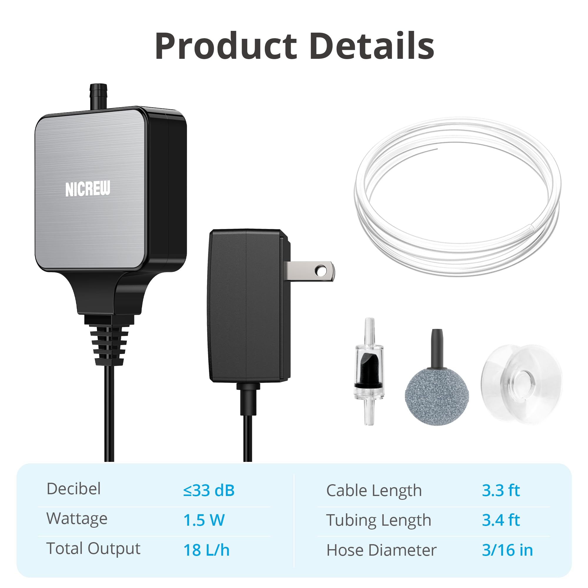 NICREW Nano Silent Aquarium Air Pump for 1-10 Gallon Fish Tanks - Ultra Quiet 0.3L/min Oxygen Aerator with Accessories (1.5W, Black) - Perfect for Small Home Aquariums, Betta Fish Bowls & Desktop Fish Tanks