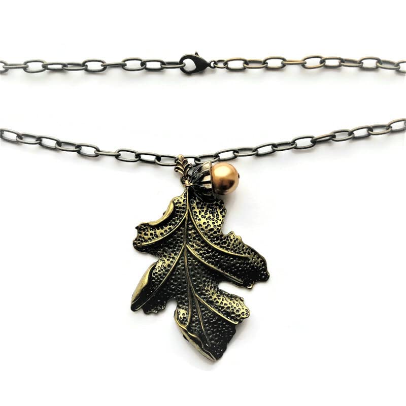 Autumn Jewelry Acorn Large Oak Leaf Pendant Necklace - Botanical Oak Tree Fruit Charm for Women, Halloween Costume Accessory & Nature Inspired Jewelry Gift - Perfect for Fall Fashion, Thanksgiving Outfits and Seasonal Parties