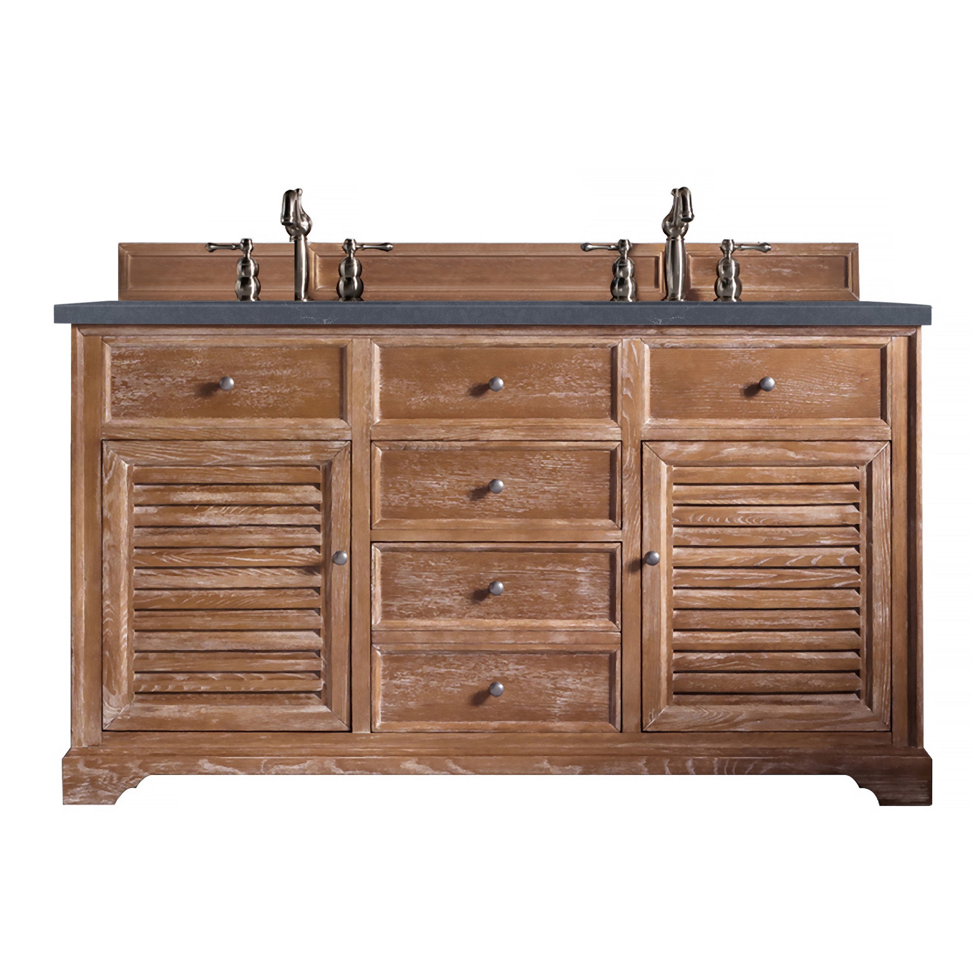 Savannah 60 Inch Double Vanity Bathroom Cabinet in Driftwood Finish with 3CM Charcoal Soapstone Quartz Countertop - Perfect for Master Bathroom, Guest Bath, or Luxury Home Renovation